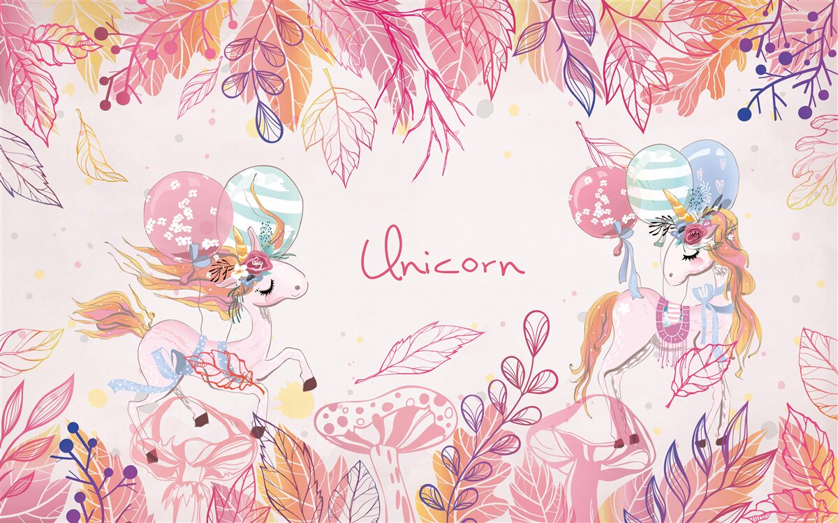 Carta da parati unicorni rosa con palloncini all'elio