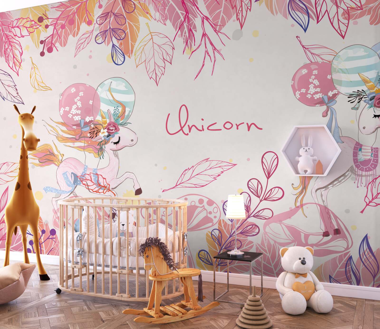 Carta da parati unicorni rosa con palloncini all'elio
