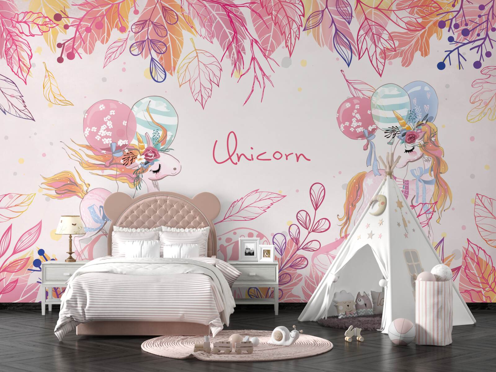 Carta da parati unicorni rosa con palloncini all'elio