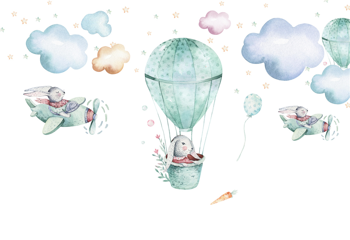 Carta da parati palloncini e aerei con lepri