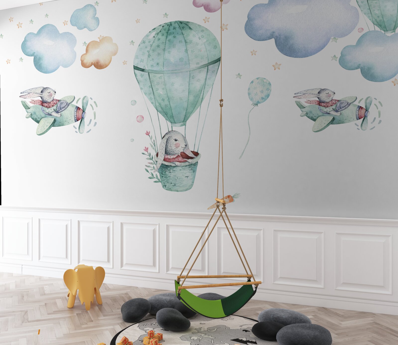 Carta da parati palloncini e aerei con lepri