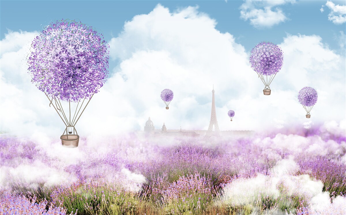 Carta da parati un campo di lavanda e palloncini volanti