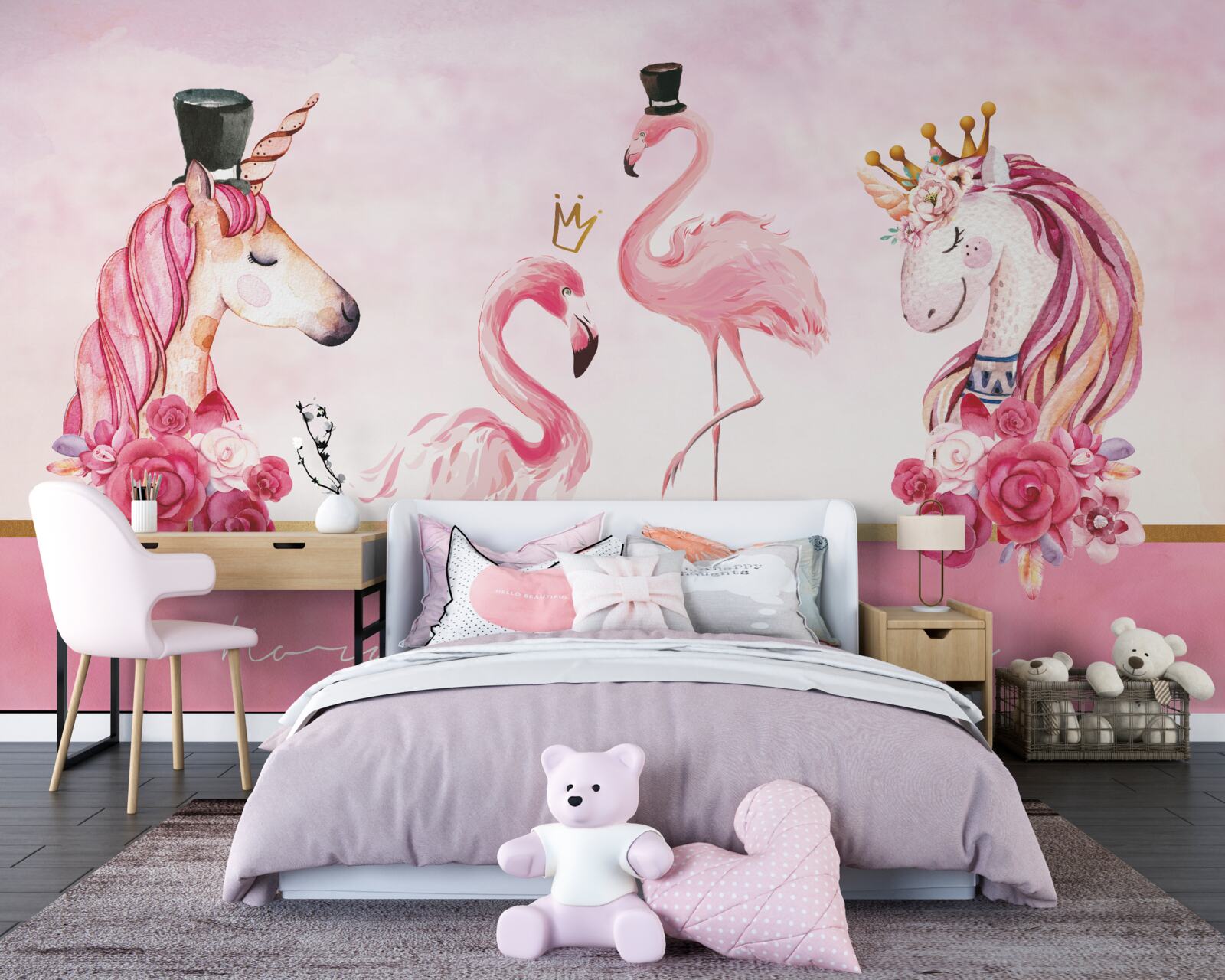 Carta da parati fenicotteri e unicorni rosa