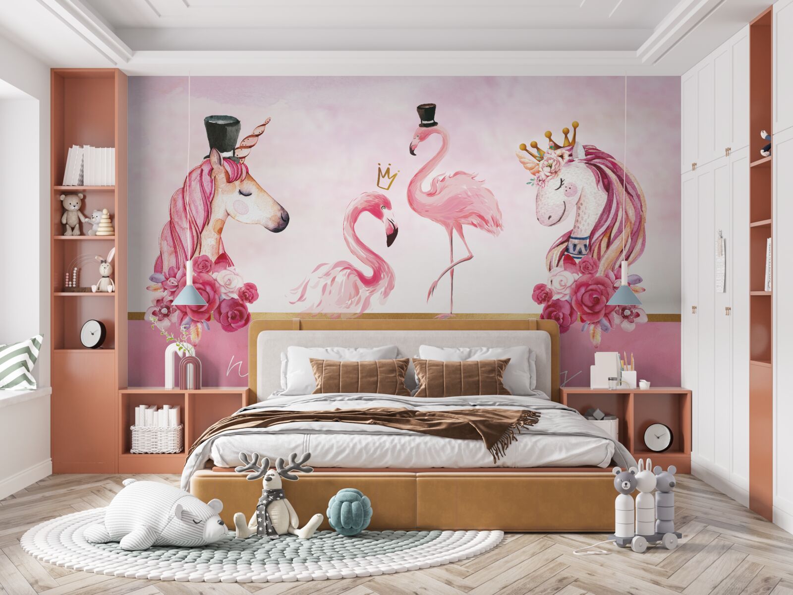 Carta da parati fenicotteri e unicorni rosa