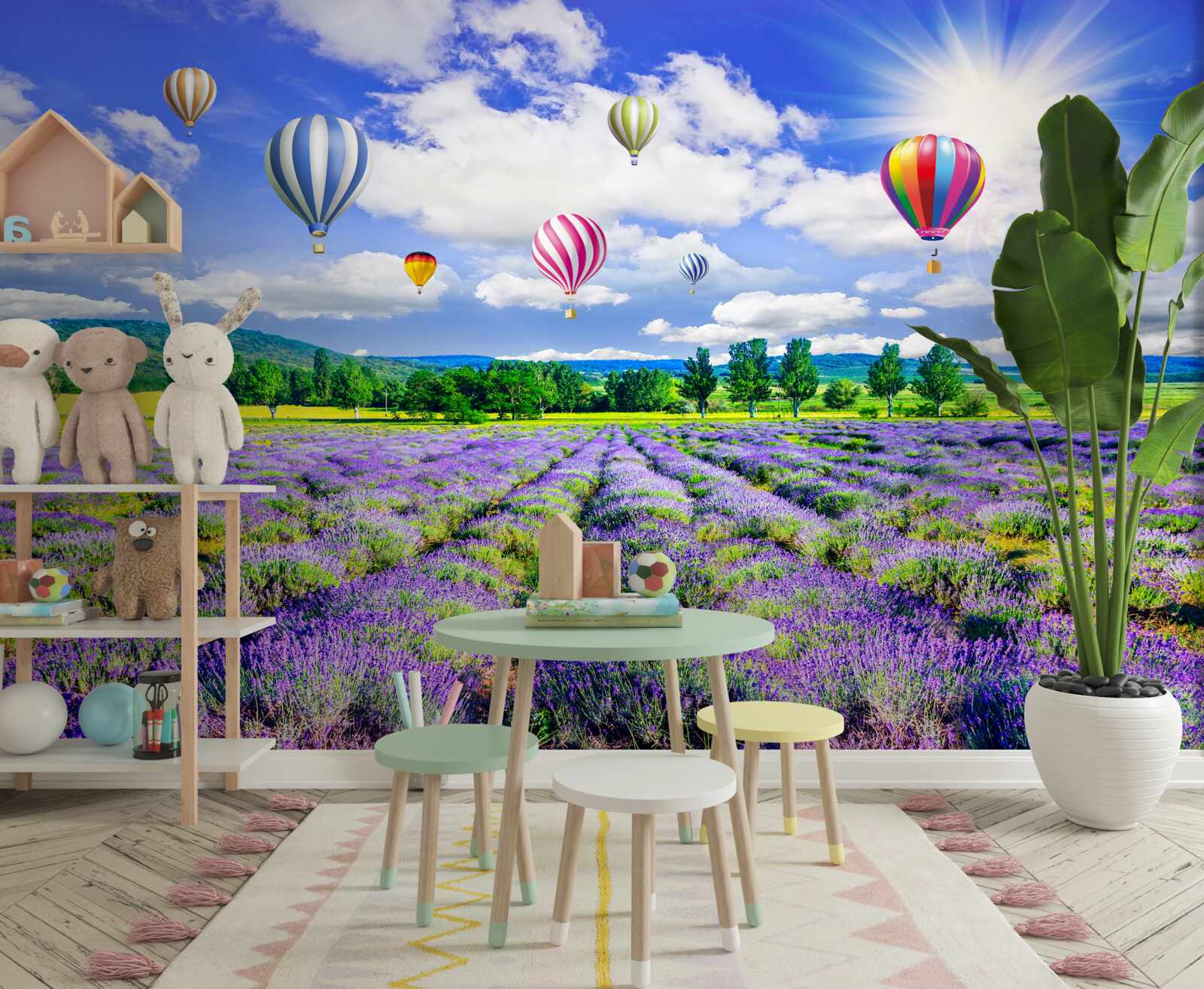 Carta da parati palloncini colorati su un campo di lavanda