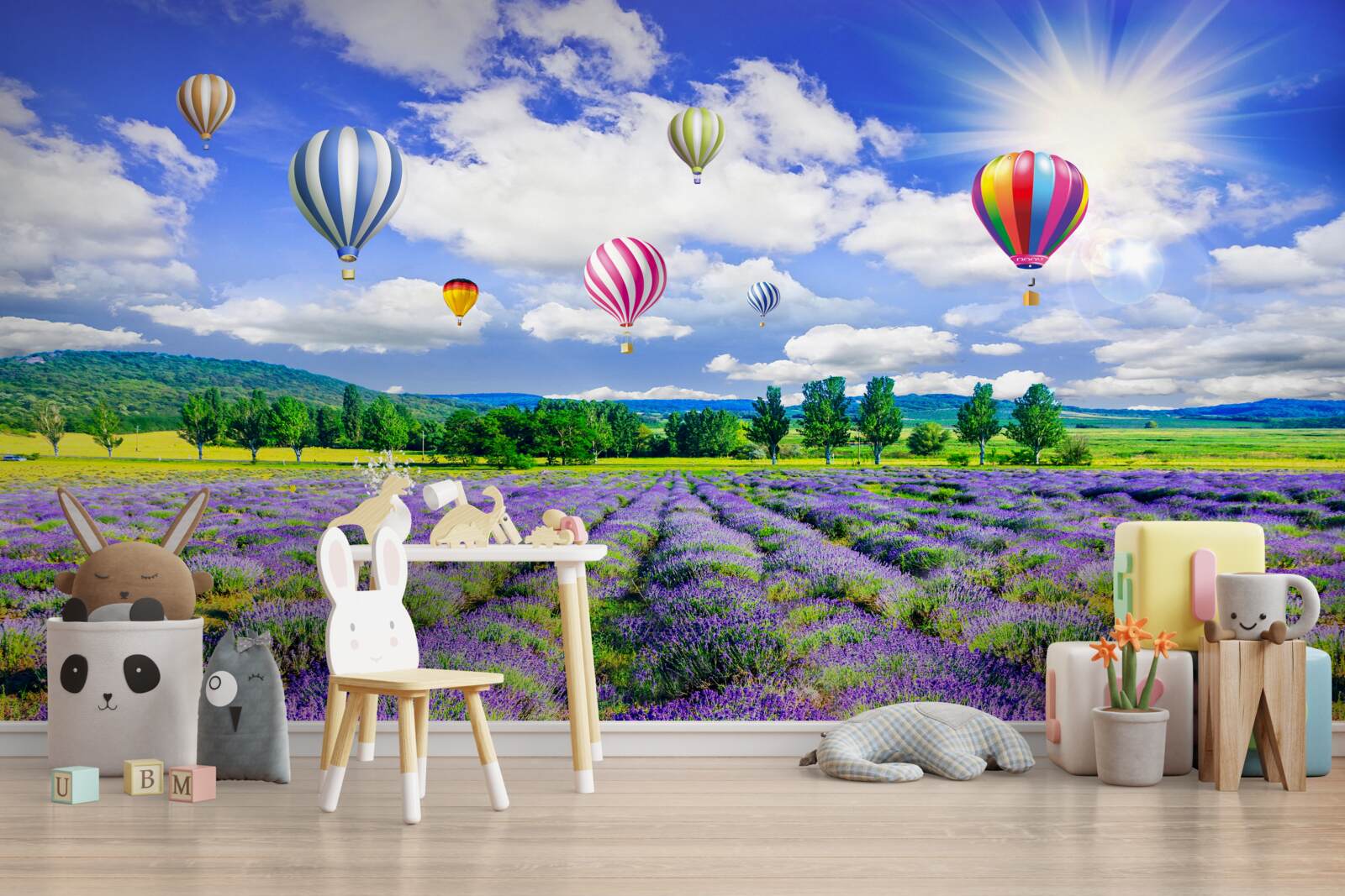 Carta da parati palloncini colorati su un campo di lavanda