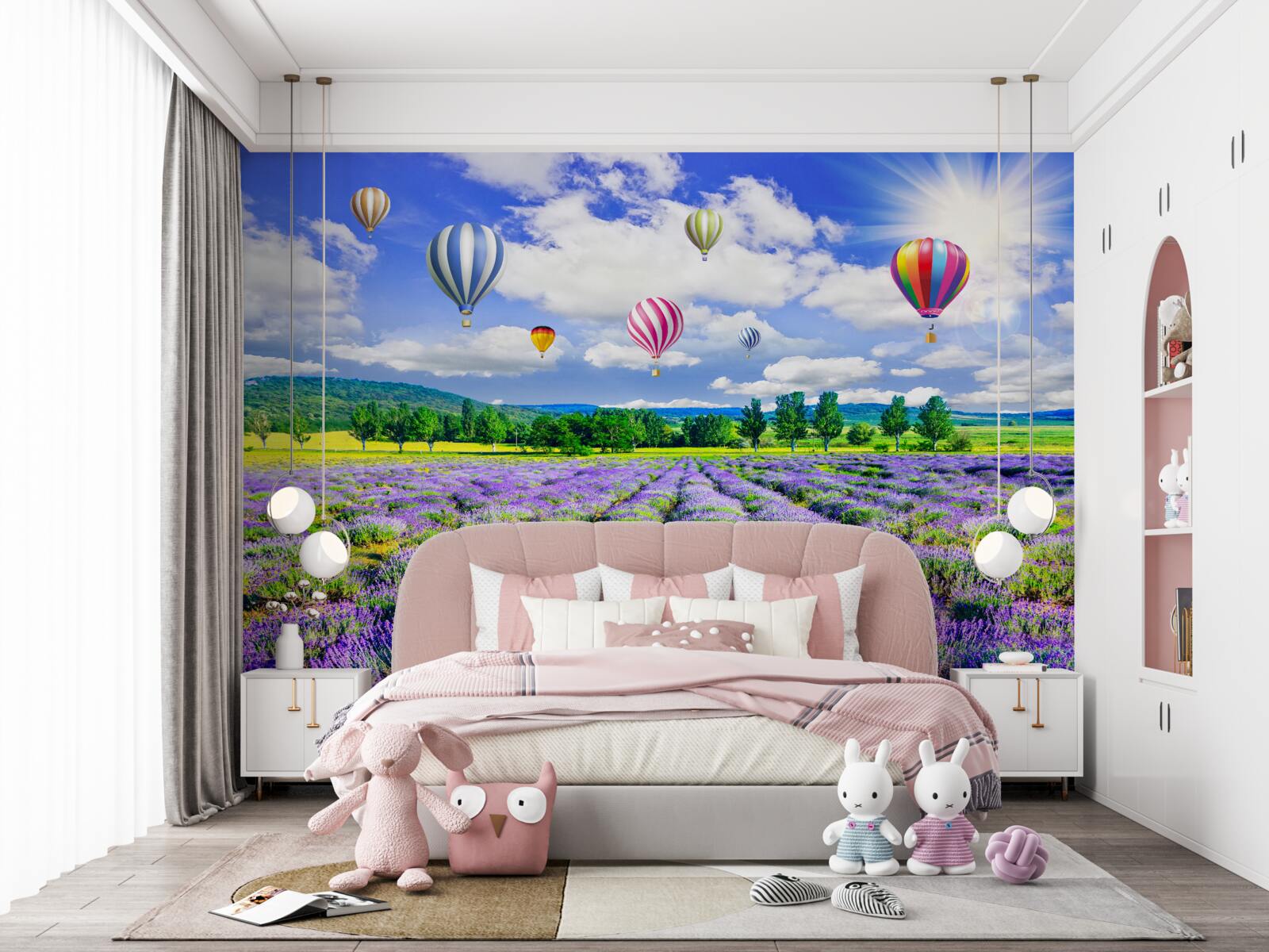 Carta da parati palloncini colorati su un campo di lavanda