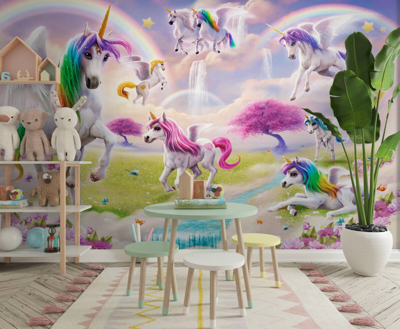 Carta da parati unicorni magici in una radura della foresta