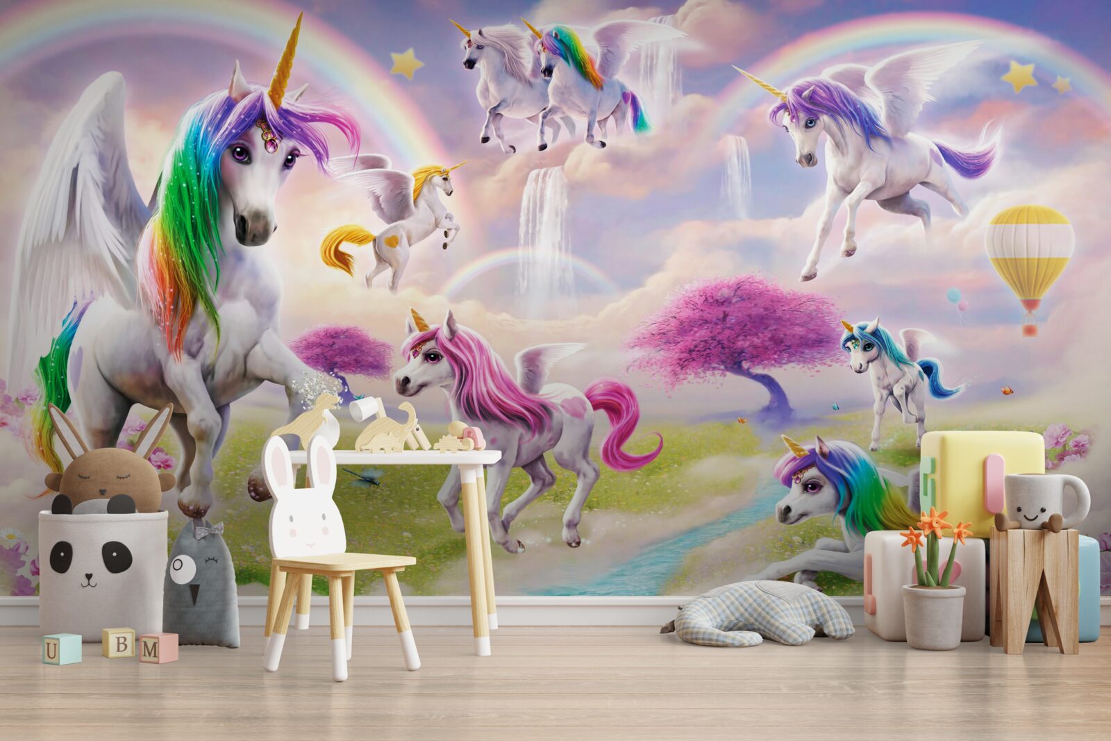 Carta da parati unicorni magici in una radura della foresta
