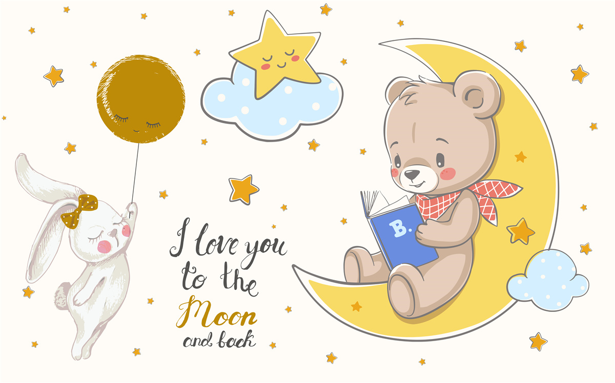 Carta da parati un orsacchiotto sulla luna e un coniglietto con un palloncino