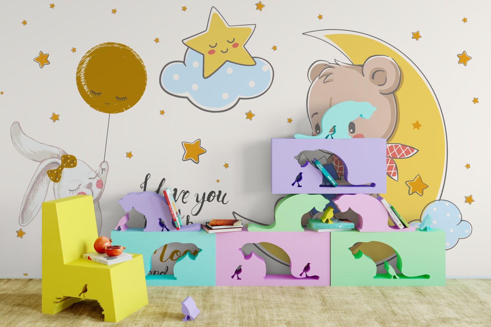 Carta da parati un orsacchiotto sulla luna e un coniglietto con un palloncino