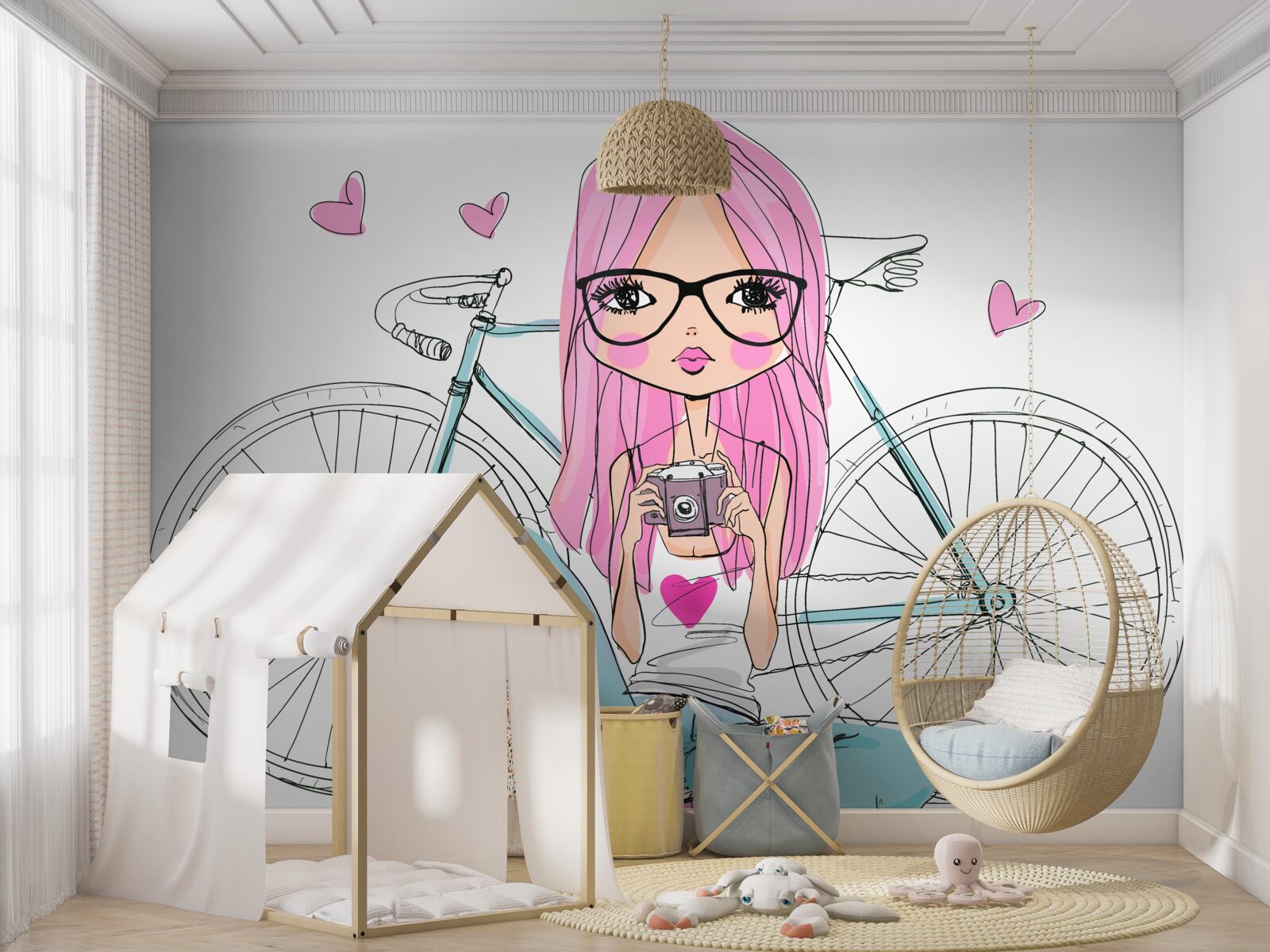 Carta da parati ragazza alla moda in bicicletta