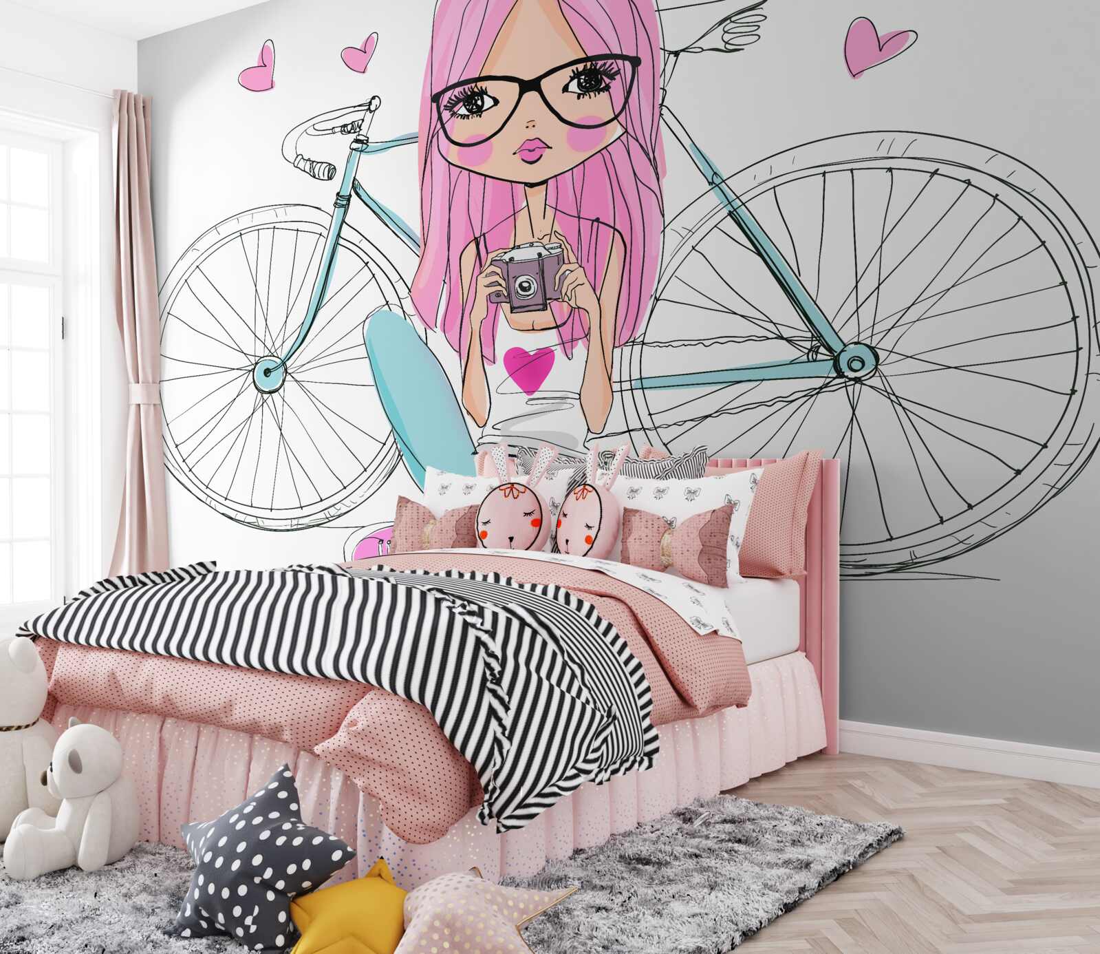 Carta da parati ragazza alla moda in bicicletta