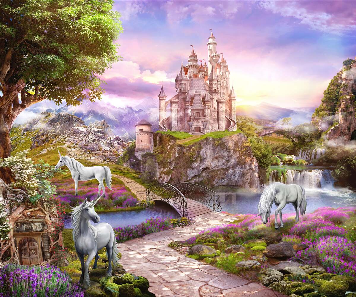 Carta da parati il castello in riva al fiume è incantato dalla presenza degli unicorni