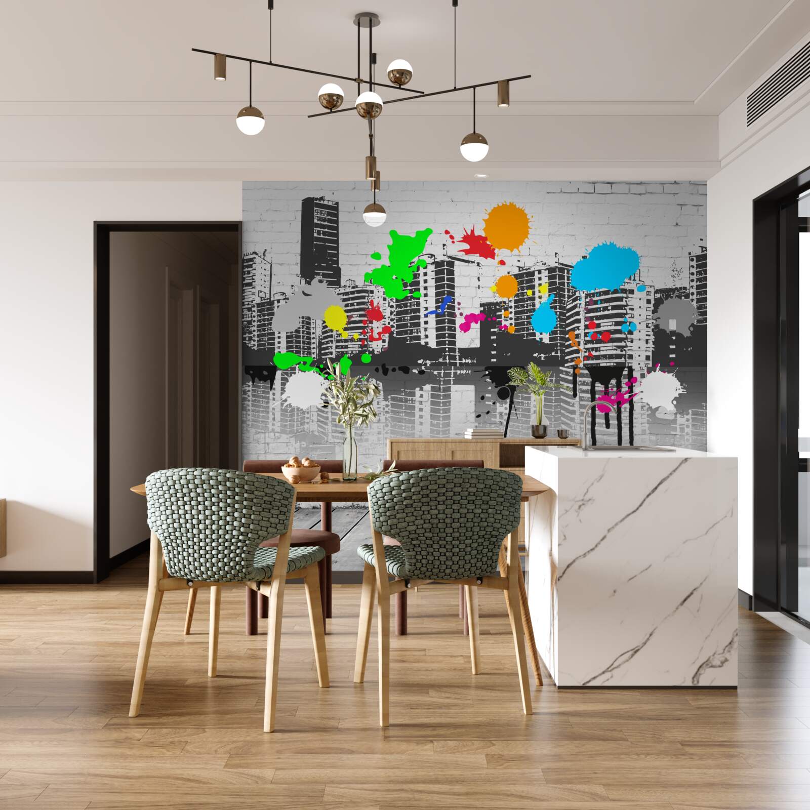 Carta da parati graffiti che raffigurano la città in bianco e nero