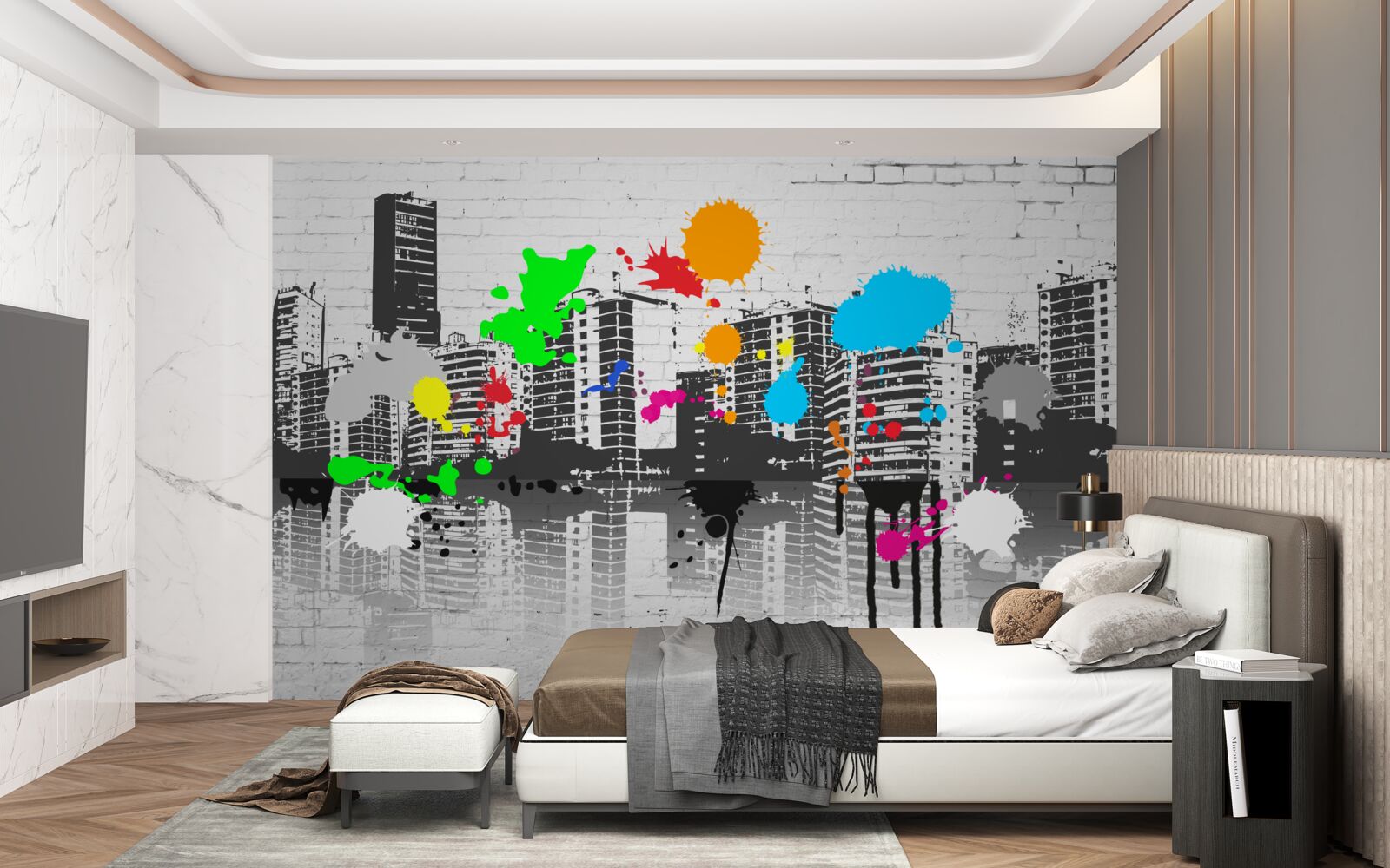 Carta da parati graffiti che raffigurano la città in bianco e nero