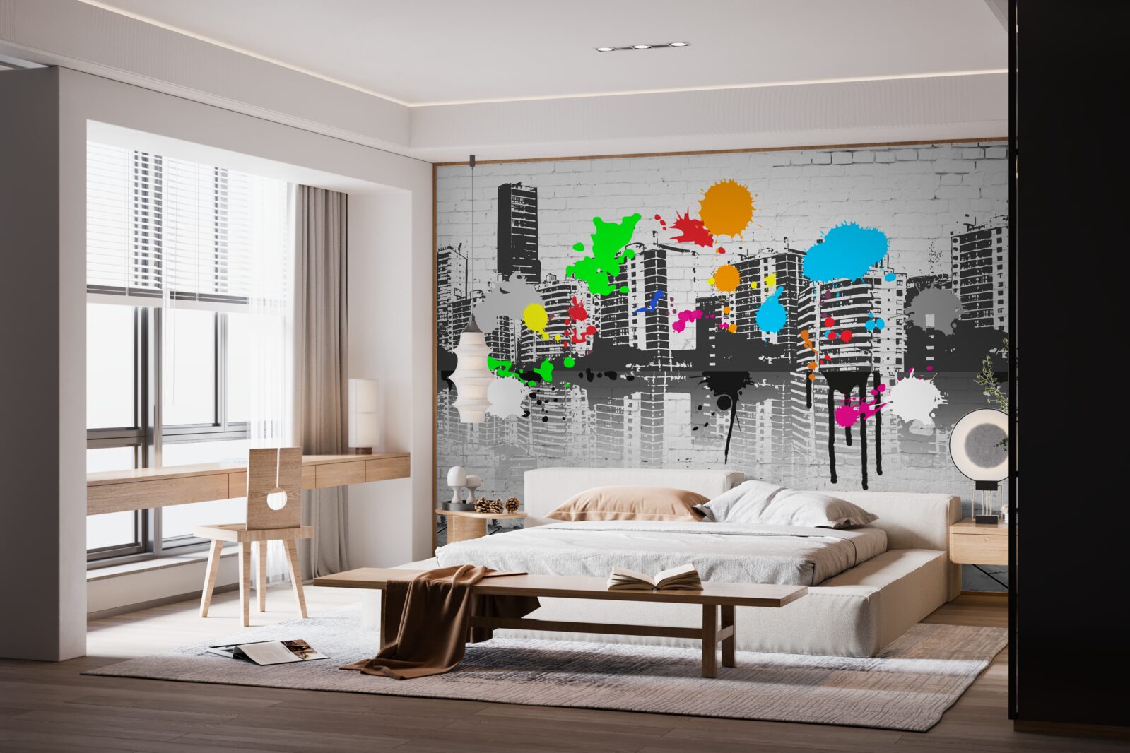 Carta da parati graffiti che raffigurano la città in bianco e nero
