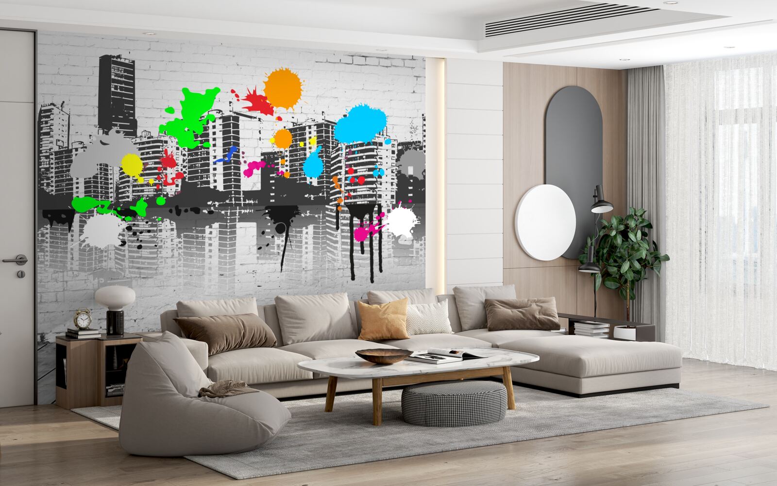 Carta da parati graffiti che raffigurano la città in bianco e nero