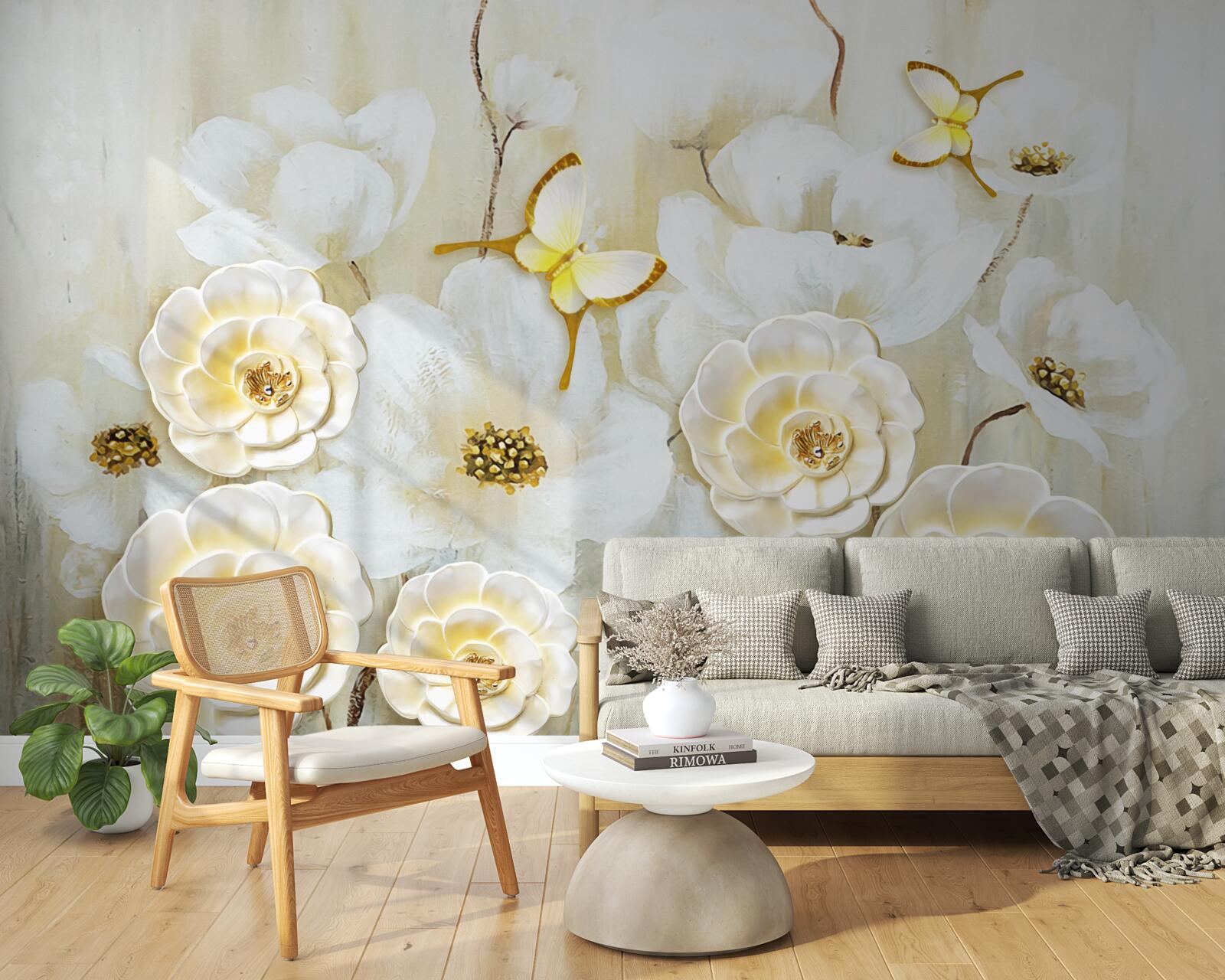 Carta da parati farfalle insolite e fiori luminosi