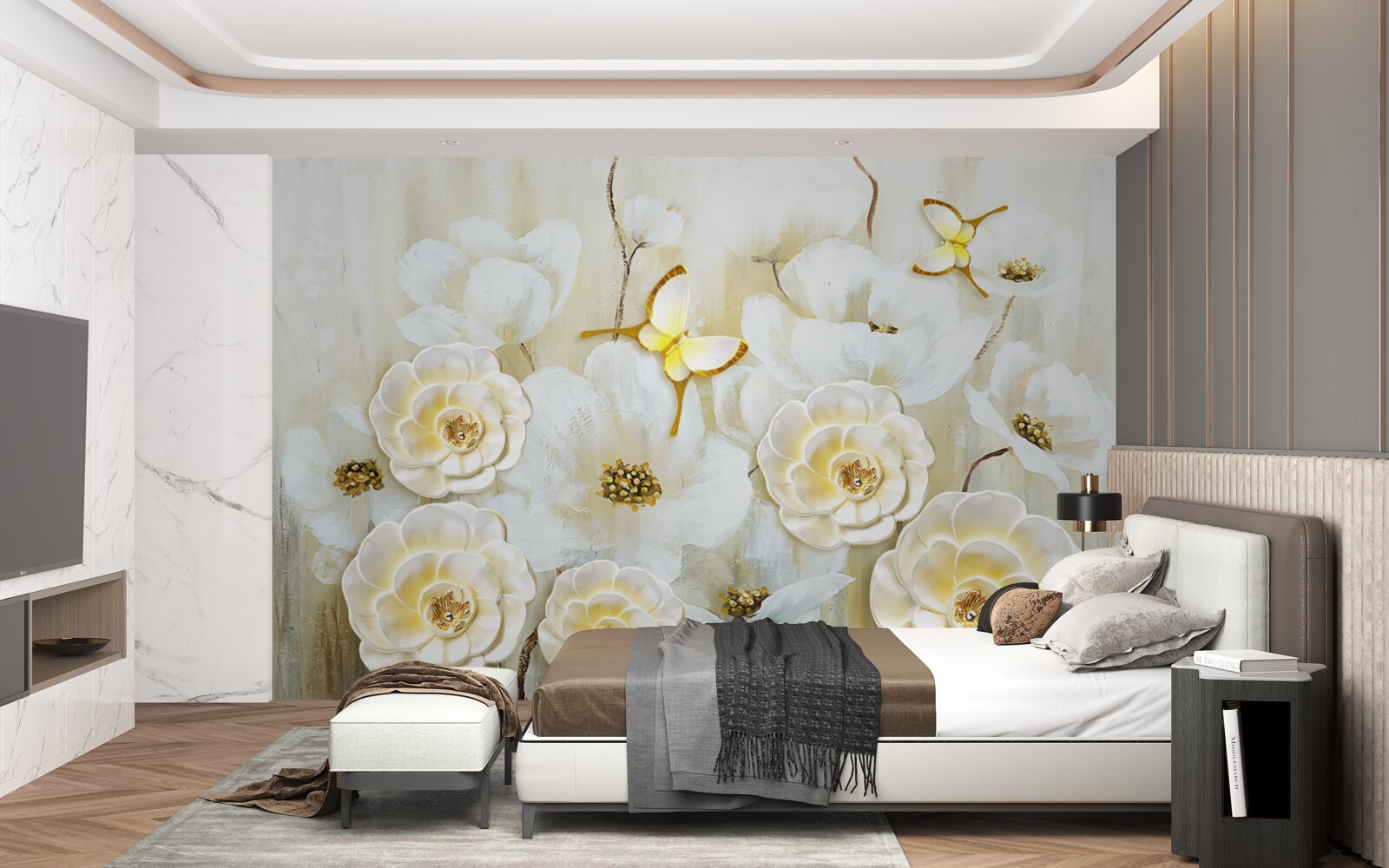 Carta da parati farfalle insolite e fiori luminosi