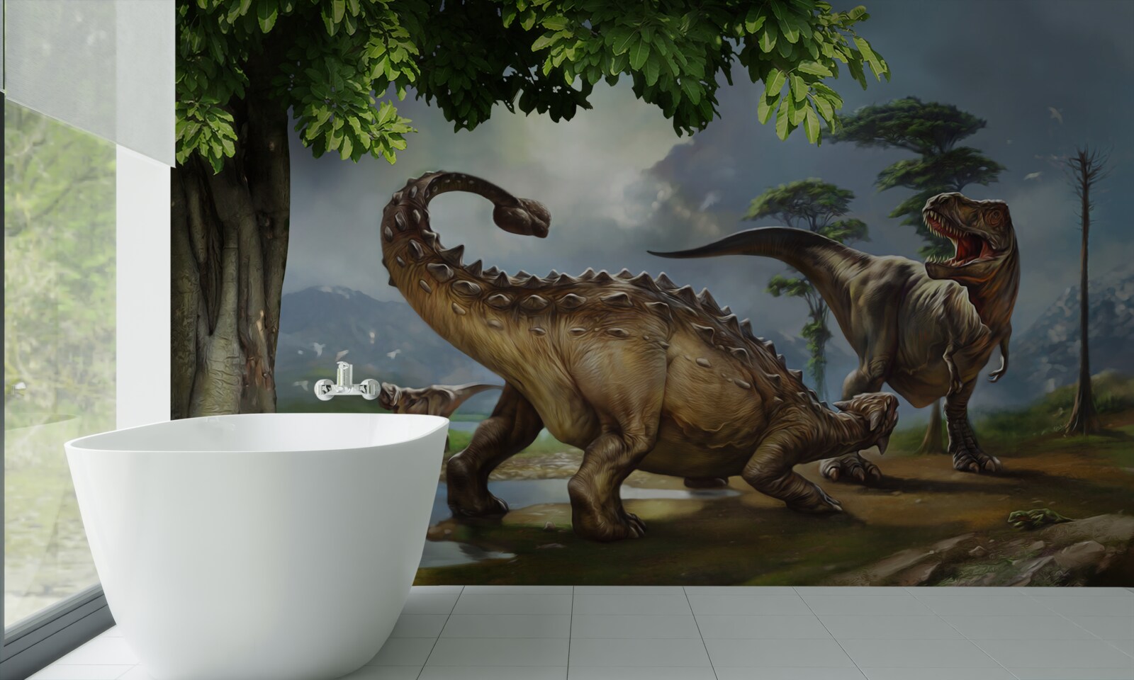 Carta da parati i dinosauri vivono nella foresta vicino allo stagno
