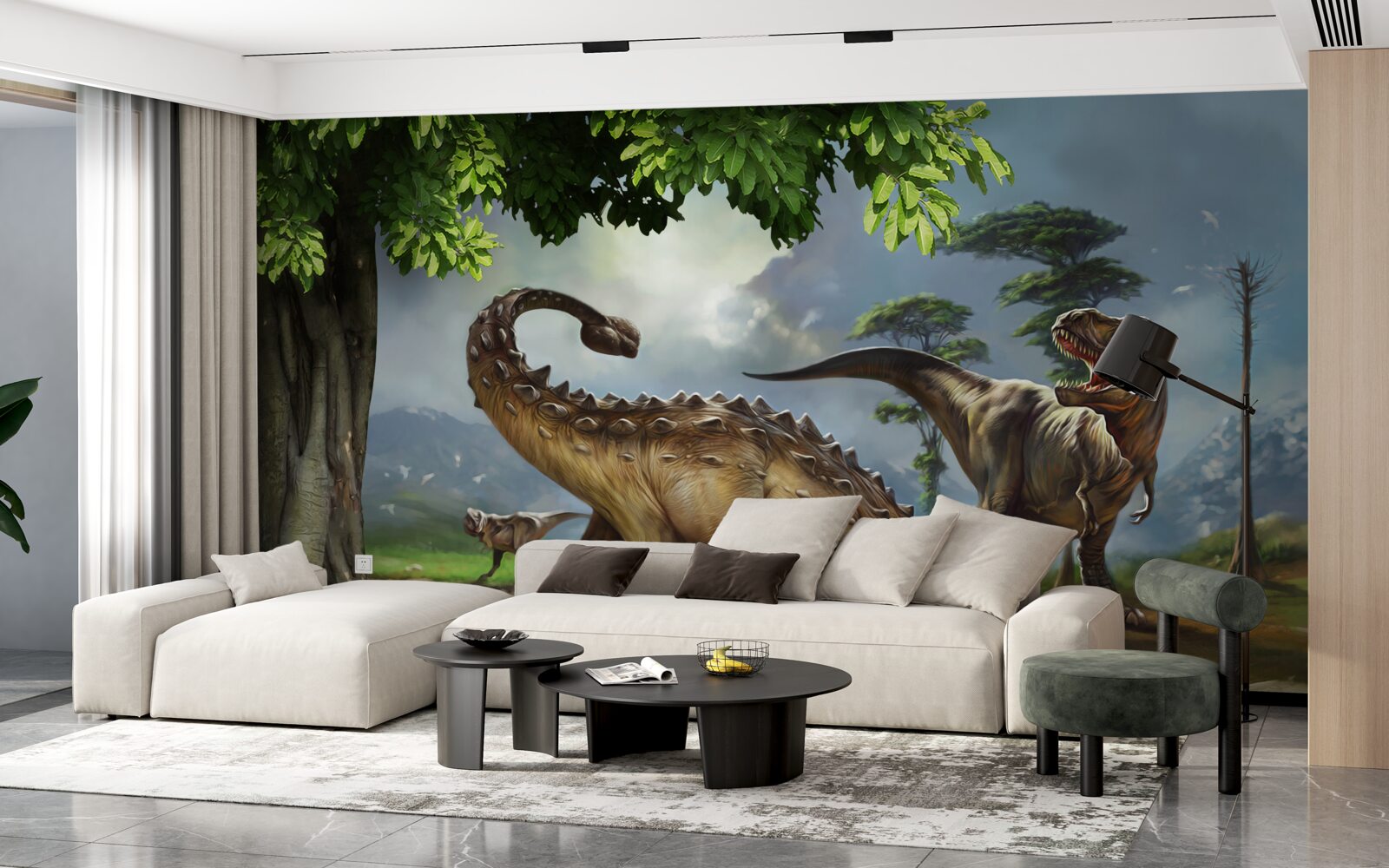 Carta da parati i dinosauri vivono nella foresta vicino allo stagno
