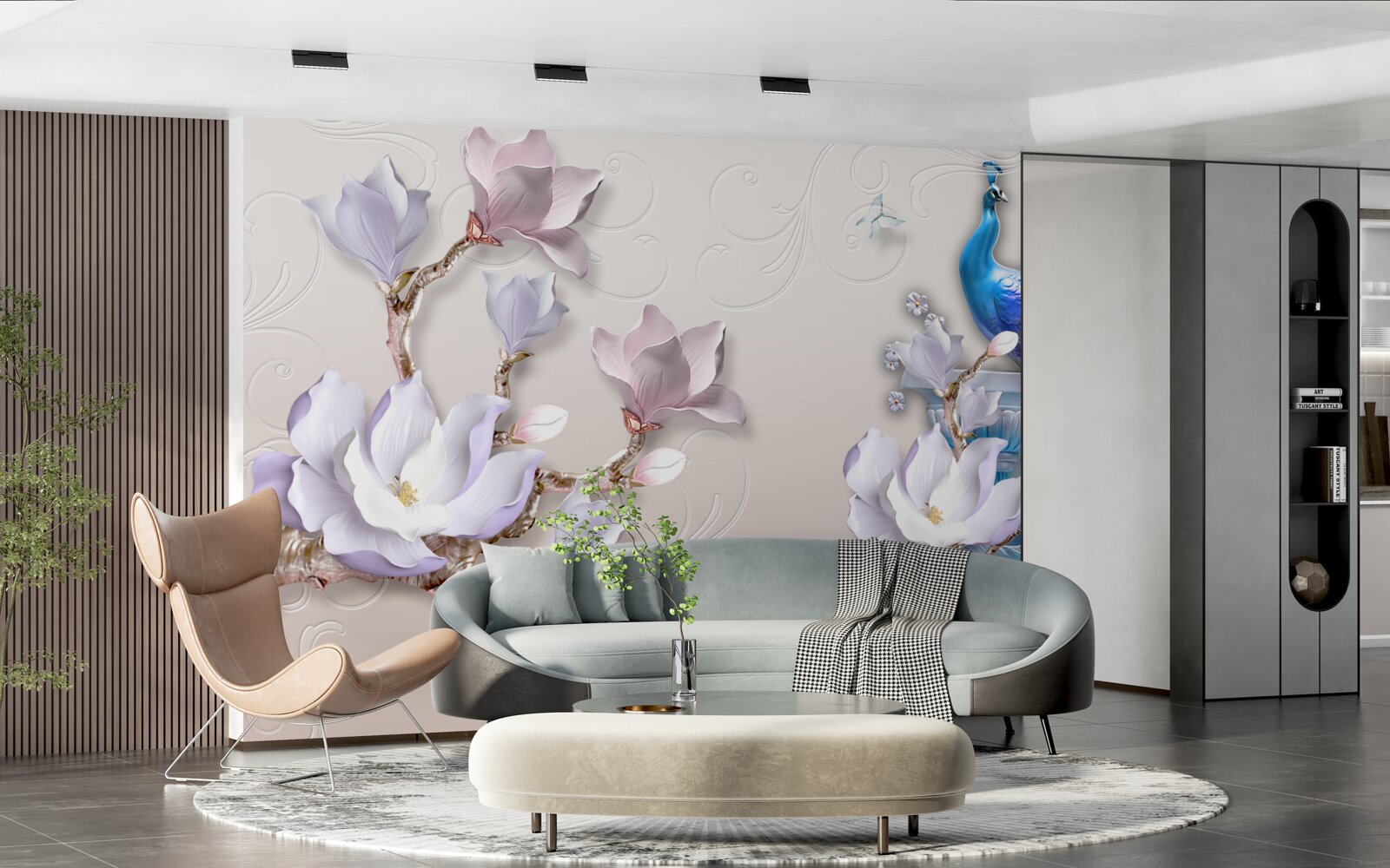 Carta da parati magnolie bianche decorano il pavone