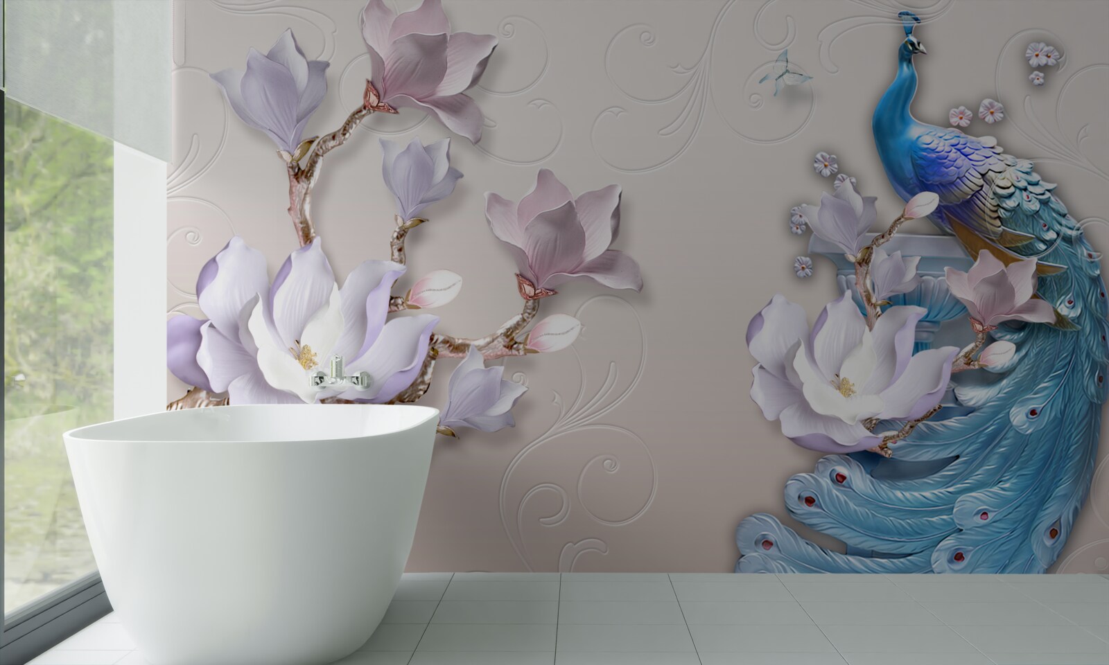 Carta da parati magnolie bianche decorano il pavone