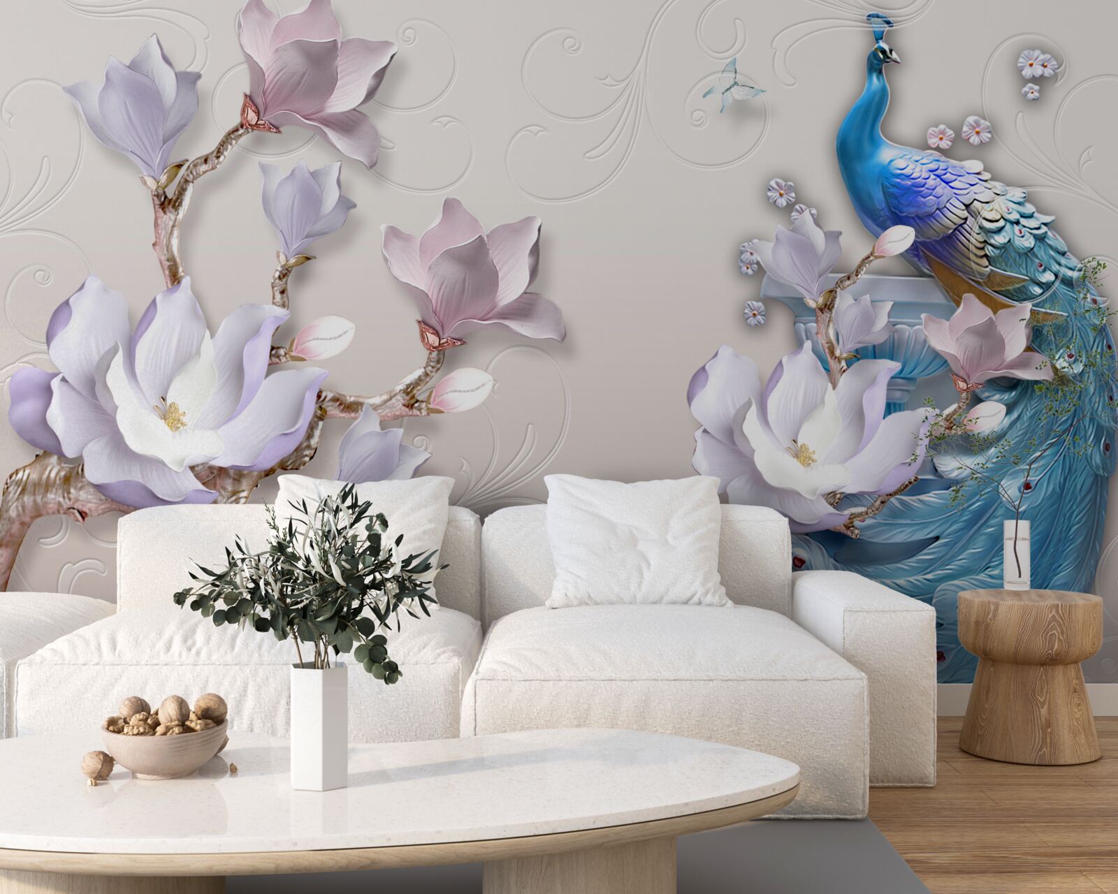 Carta da parati magnolie bianche decorano il pavone