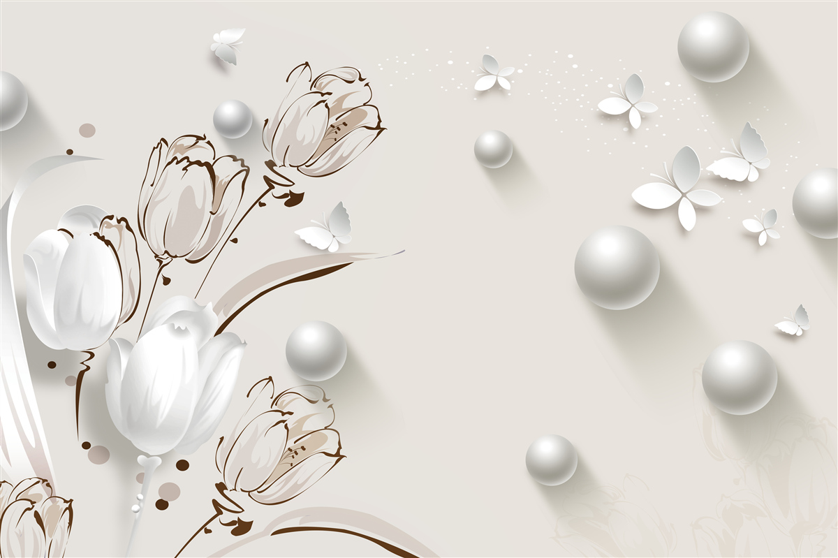 Carta da parati fiori d'oro e perle in una tonalità bianca come la neve