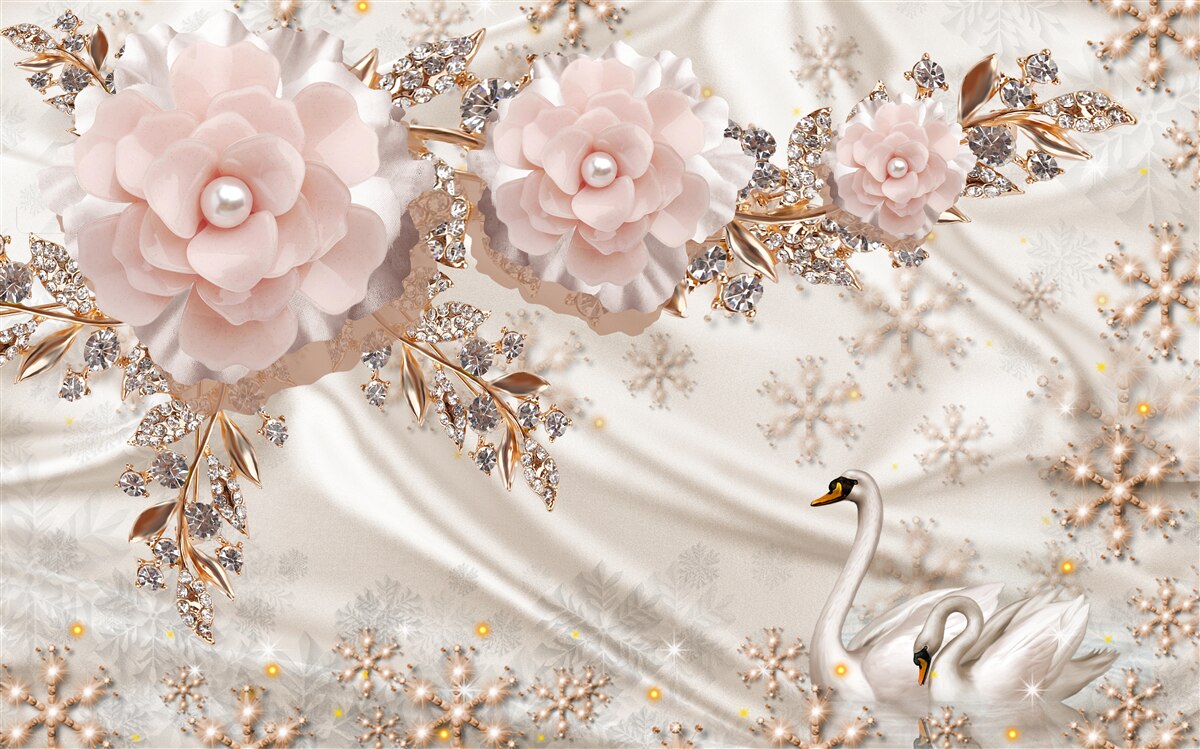 Carta da parati i fiori rosa sono decorati con cigni dorati e bianchi come la neve