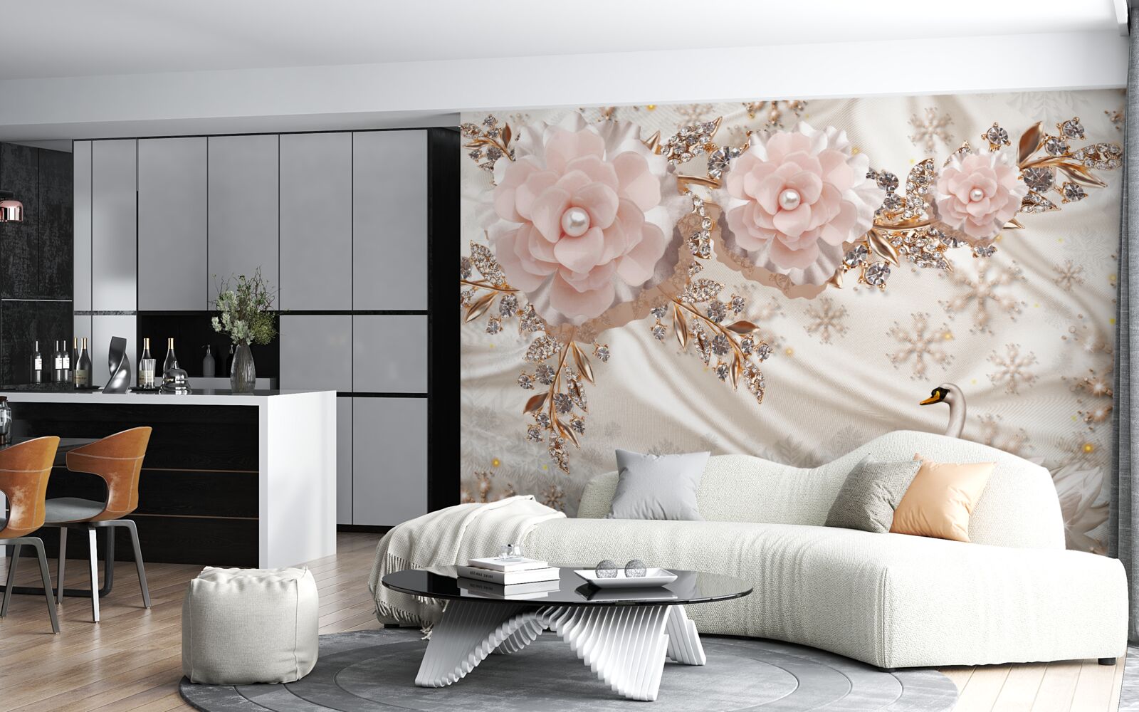 Carta da parati i fiori rosa sono decorati con cigni dorati e bianchi come la neve