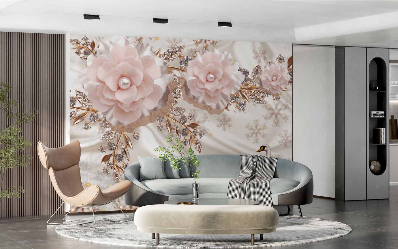 Carta da parati i fiori rosa sono decorati con cigni dorati e bianchi come la neve