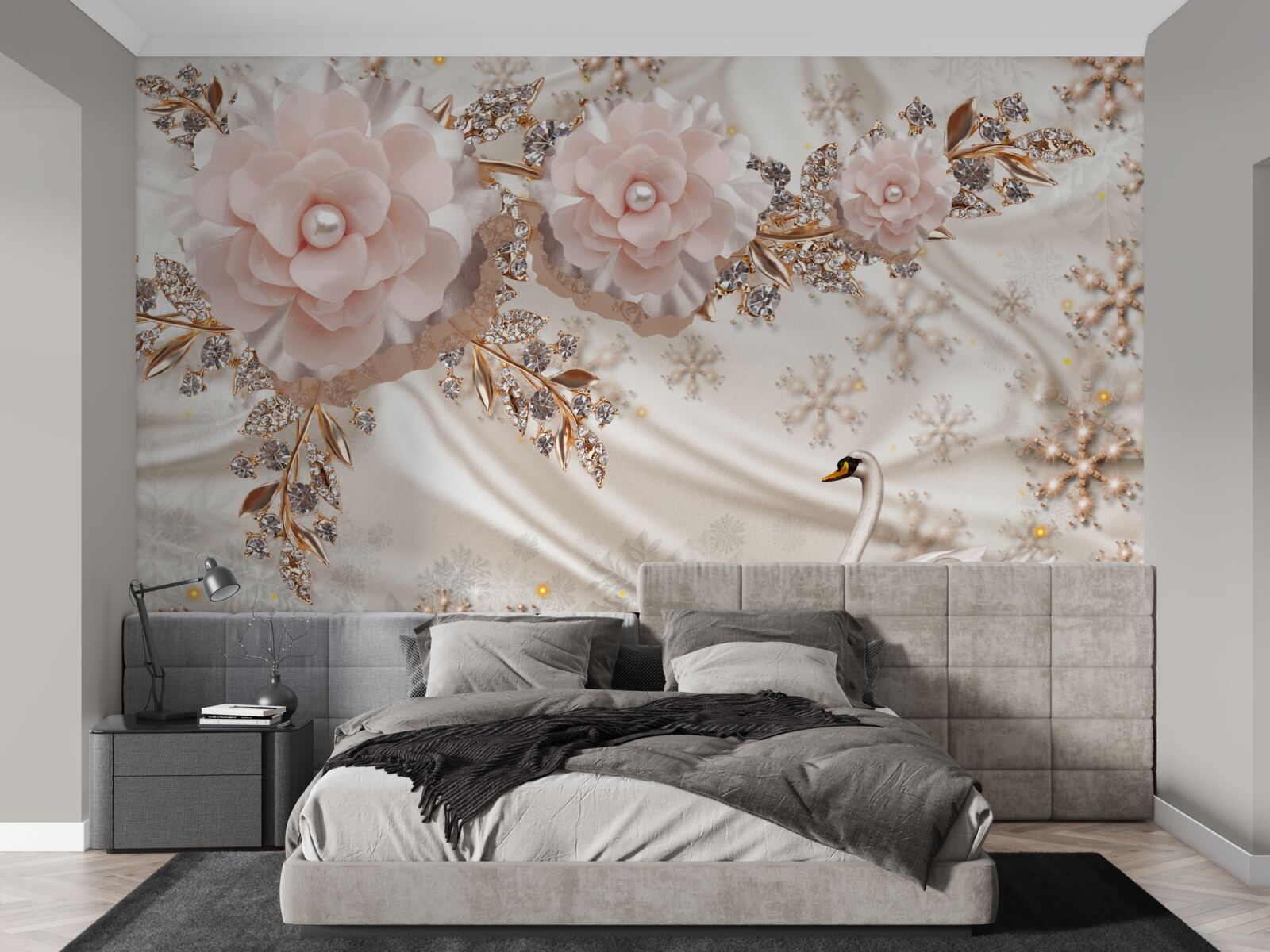 Carta da parati i fiori rosa sono decorati con cigni dorati e bianchi come la neve