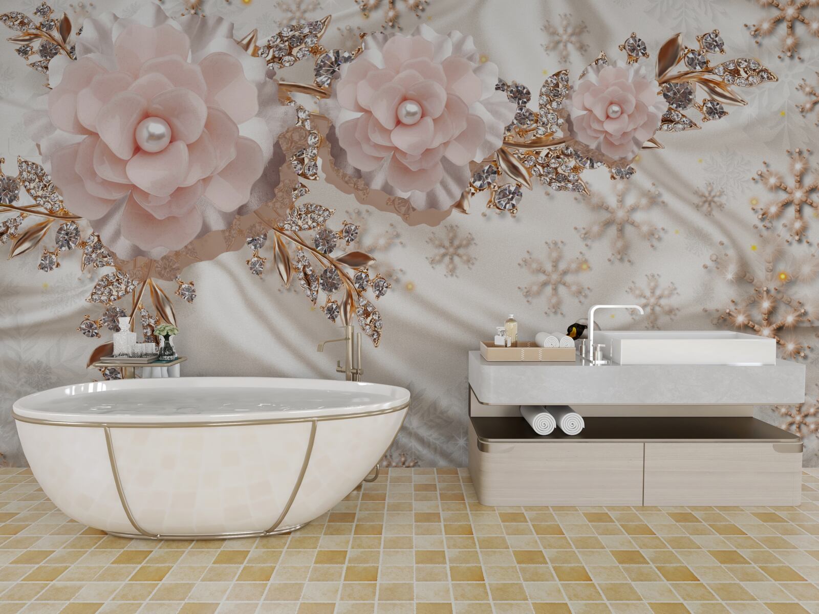Carta da parati i fiori rosa sono decorati con cigni dorati e bianchi come la neve