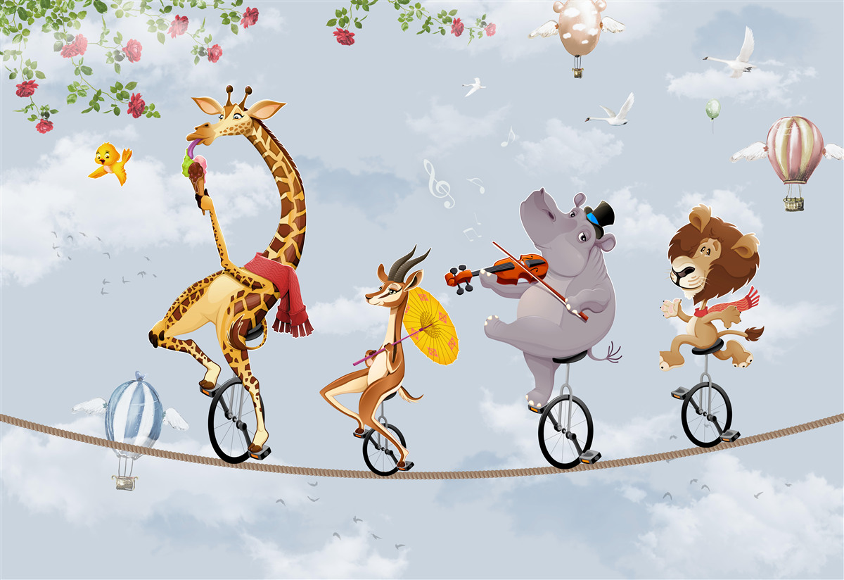 Carta da parati animali da circo su una corda tesa