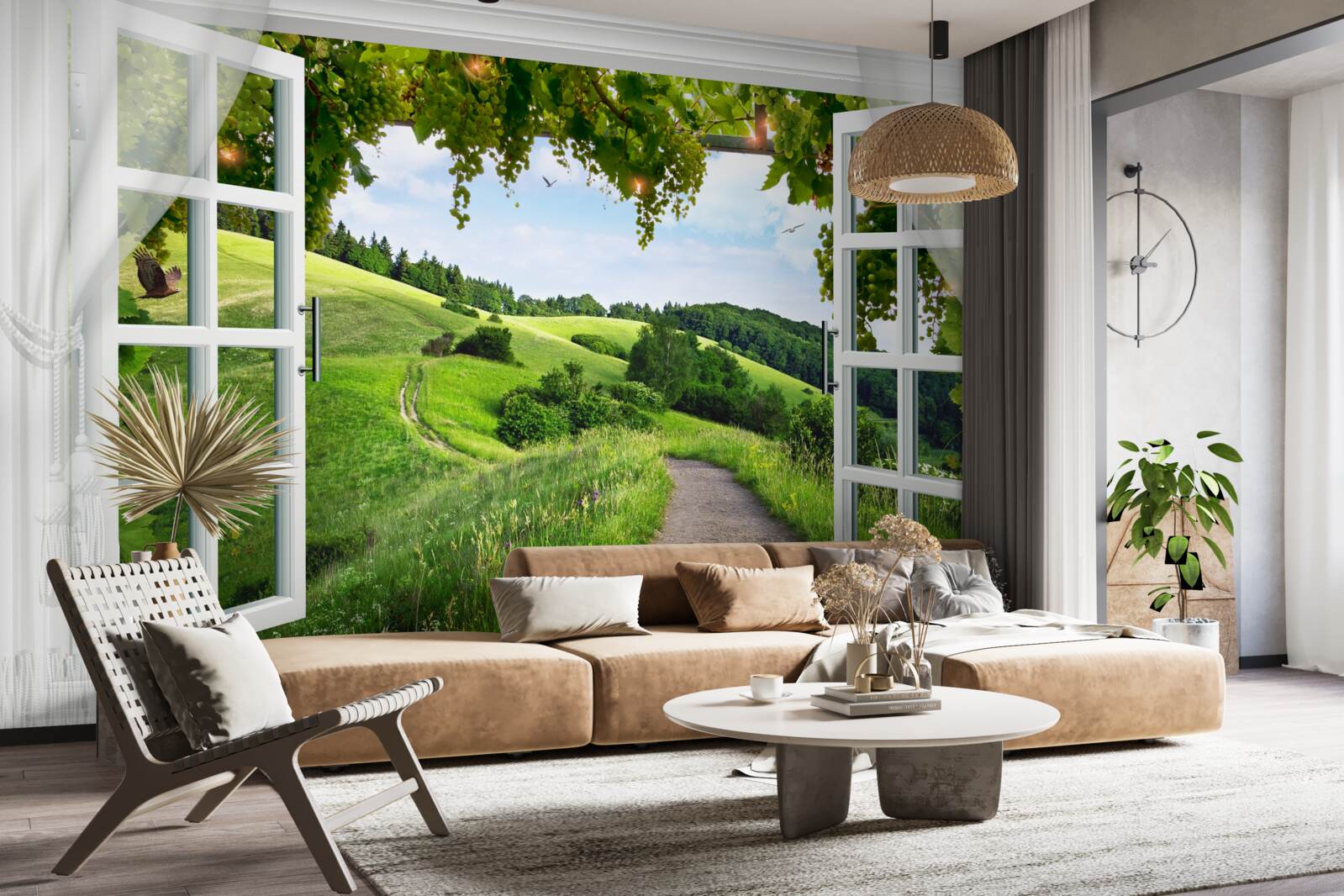 Carta da parati Finestra con vista sul panorama dei prati verdi