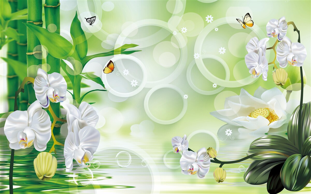 Carta da parati acqua che si fonde armoniosamente con le orchidee bianche e il bambù