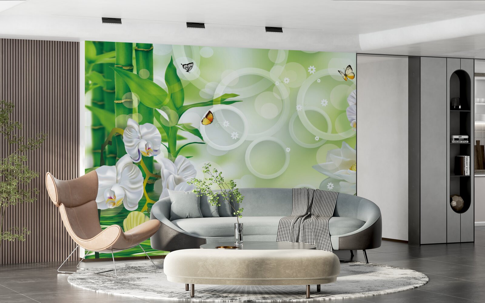 Carta da parati acqua che si fonde armoniosamente con le orchidee bianche e il bambù