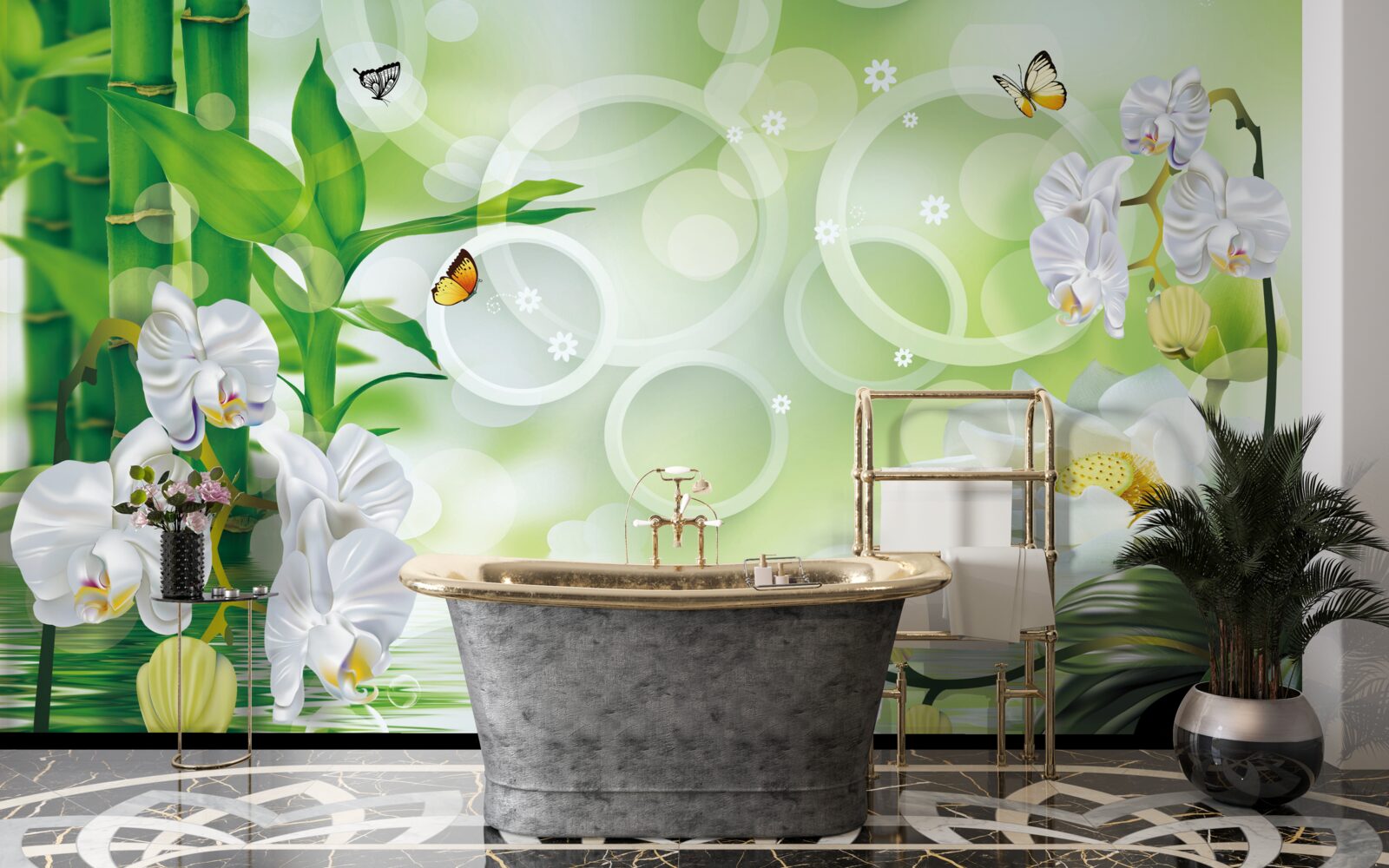 Carta da parati acqua che si fonde armoniosamente con le orchidee bianche e il bambù