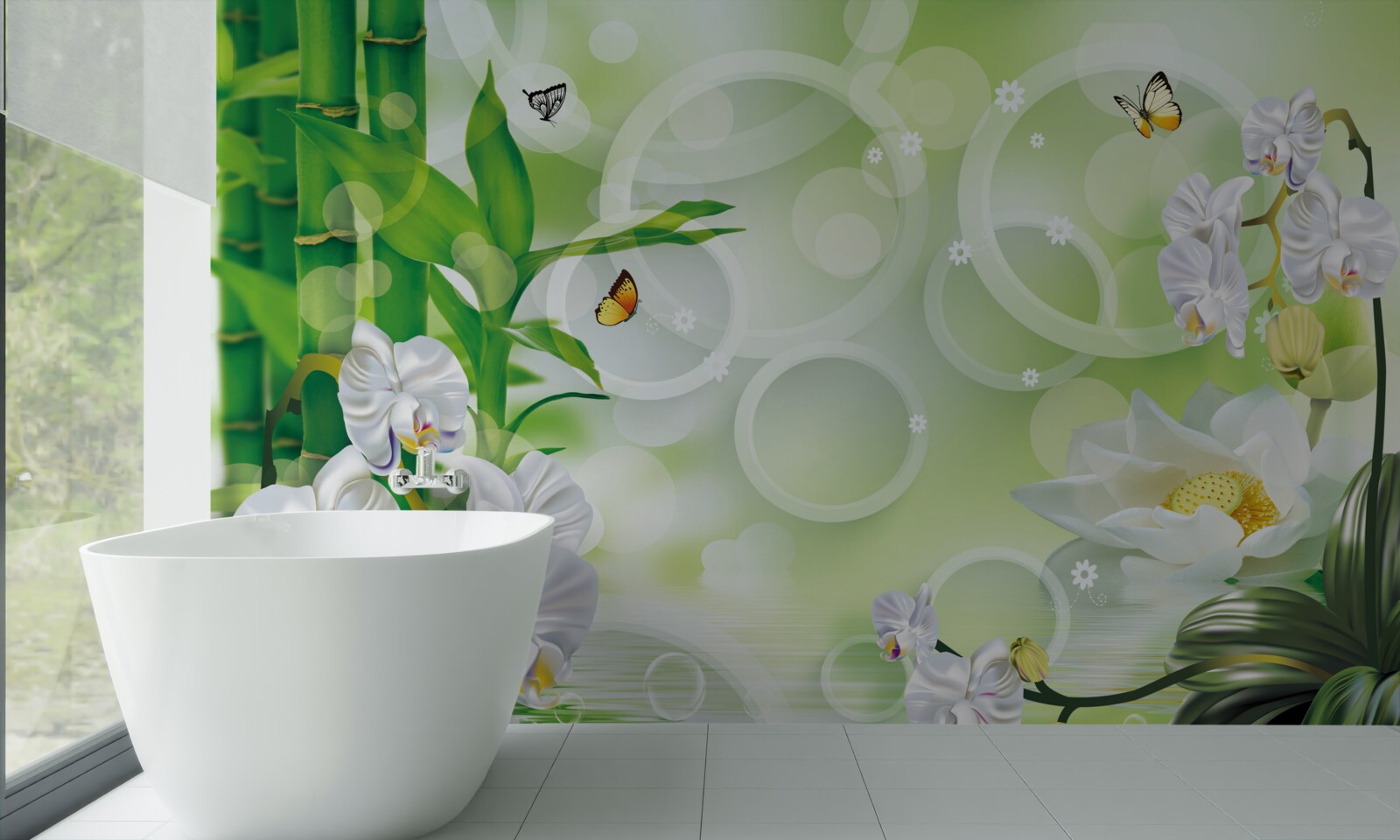 Carta da parati il bambù verde e i fiori si riflettono nell'acqua, circondati da cerchi bianchi