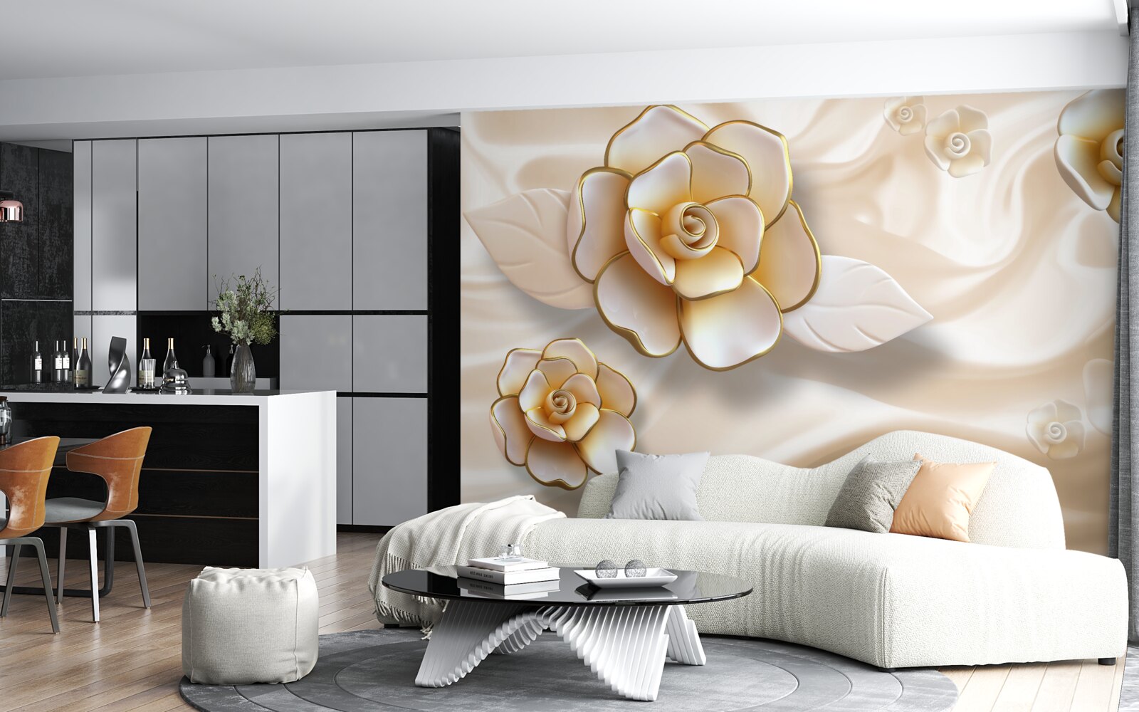 Carta da parati lussuose rose bianche con sfumature dorate