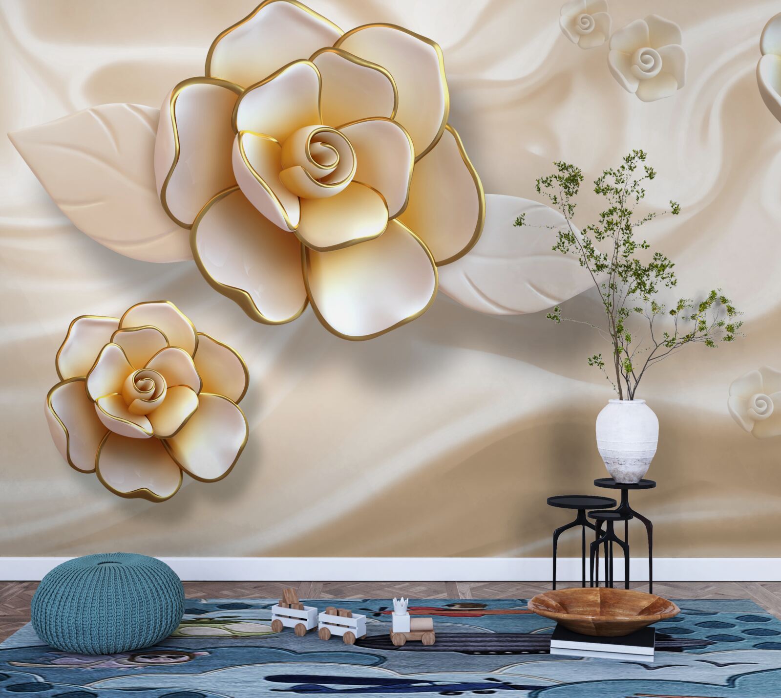 Carta da parati lussuose rose bianche con sfumature dorate