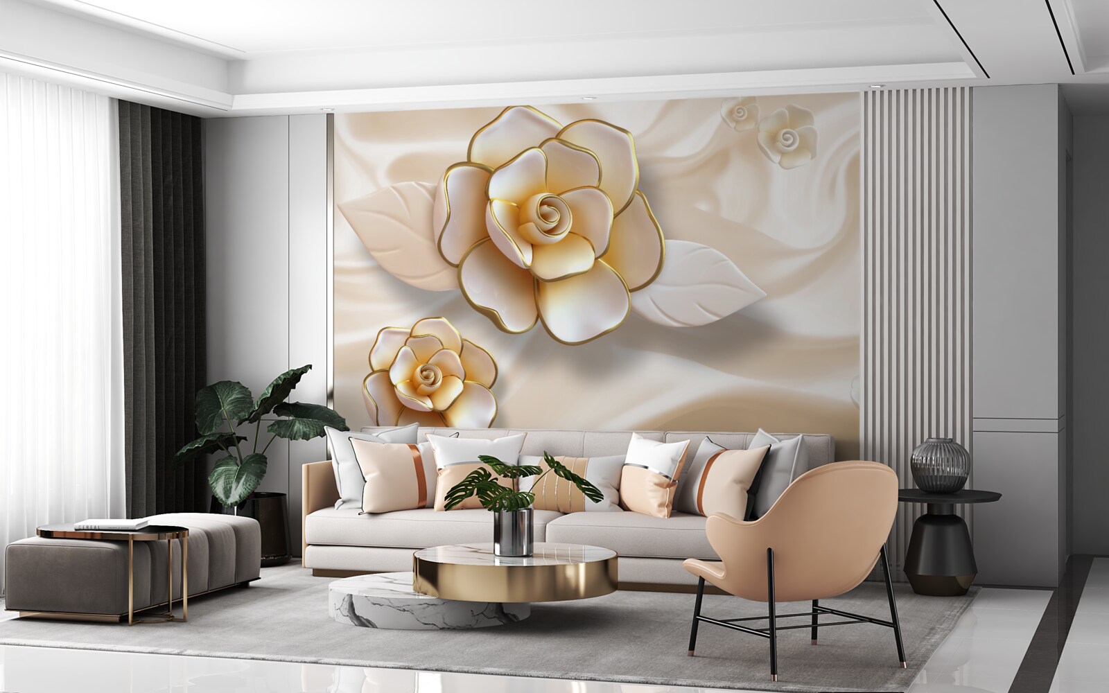 Carta da parati lussuose rose bianche con sfumature dorate