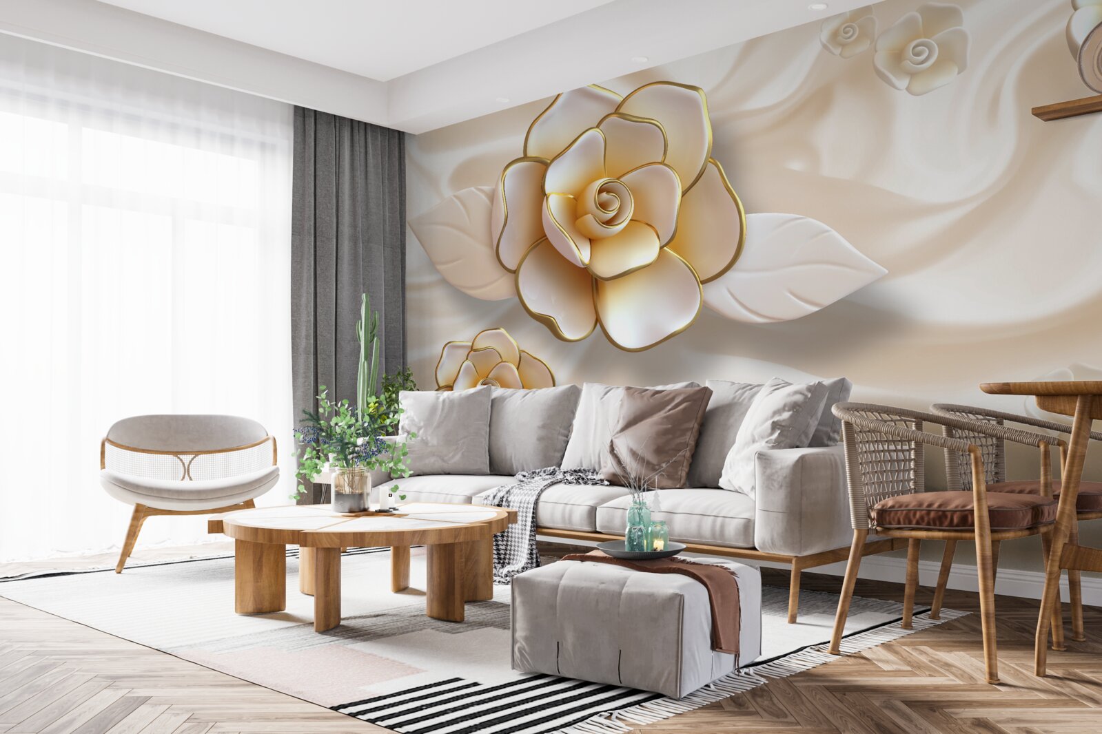 Carta da parati lussuose rose bianche con sfumature dorate