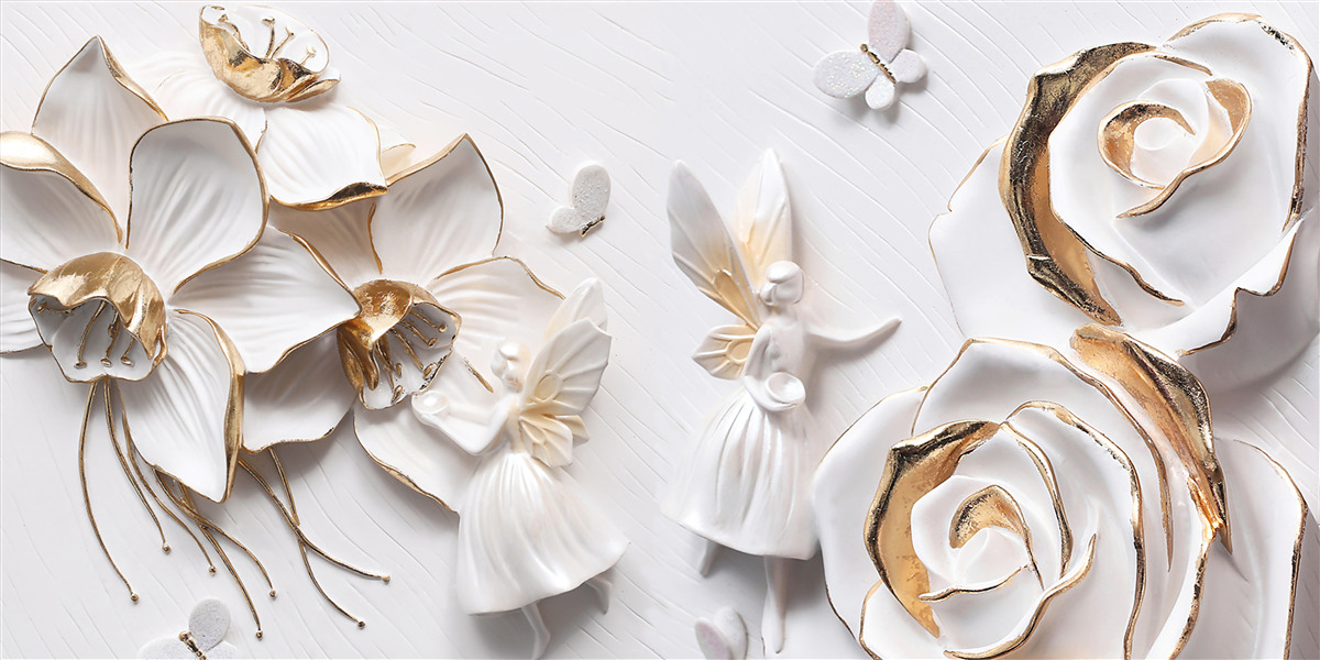 Carta da parati farfalle e oro su uno sfondo di fiori bianchi