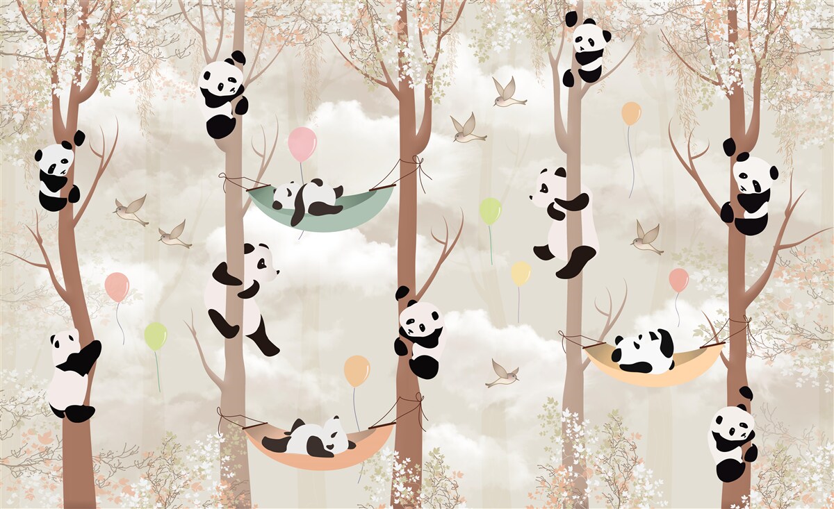 Carta da parati molti panda vivono sugli alberi
