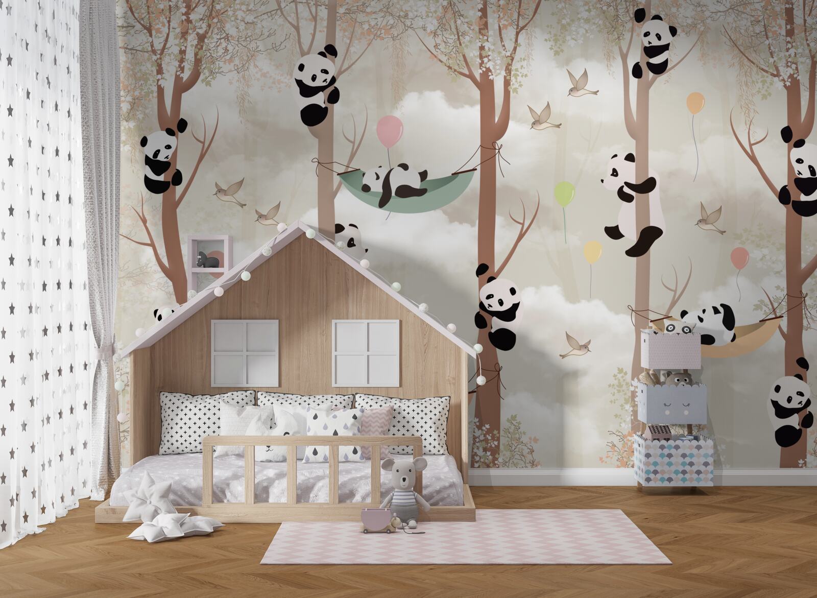 Carta da parati molti panda vivono sugli alberi