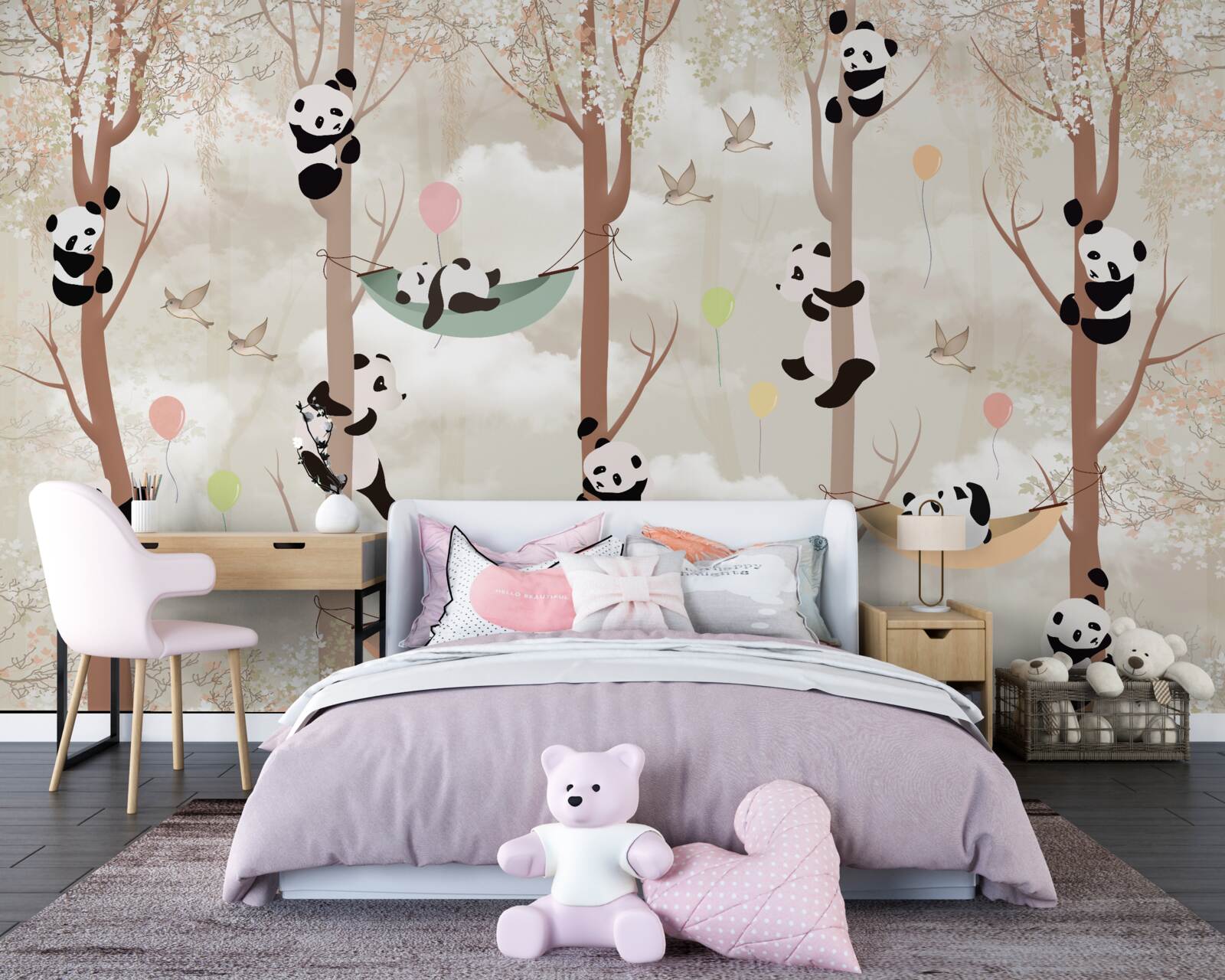 Carta da parati molti panda vivono sugli alberi