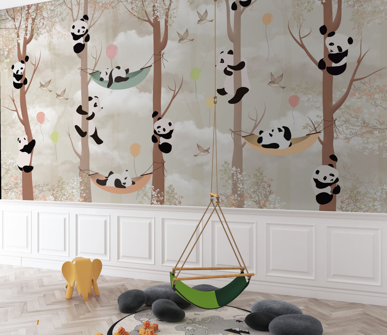 Carta da parati molti panda vivono sugli alberi
